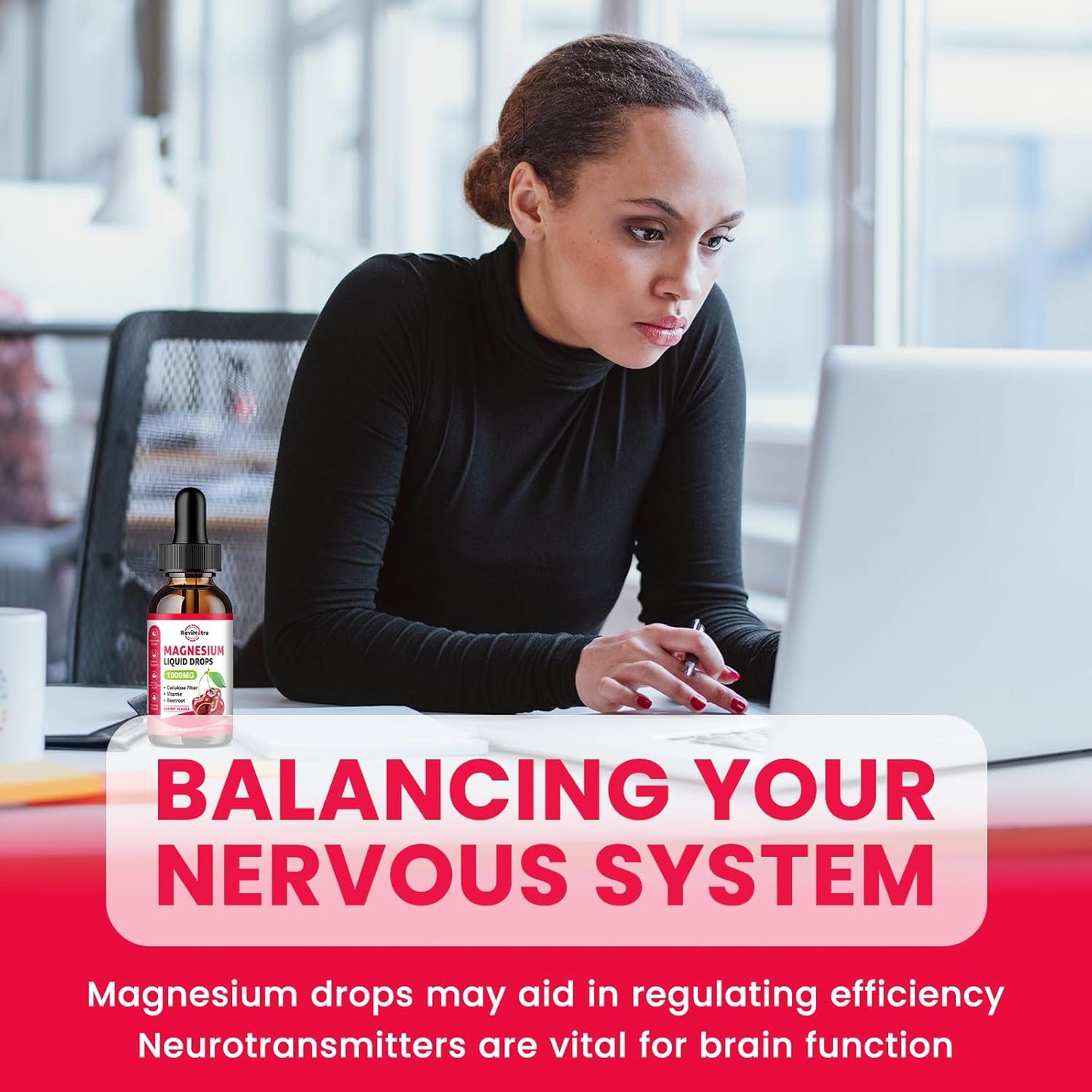 1000mg Magnesium Glycinate Liquid Drops with Fiber, Beetroot, Vitamin B & C - Sleep, Calm, Muscle, Energy, Relaxation - 2 Fl Oz Sugar-Free Cherry Flavor