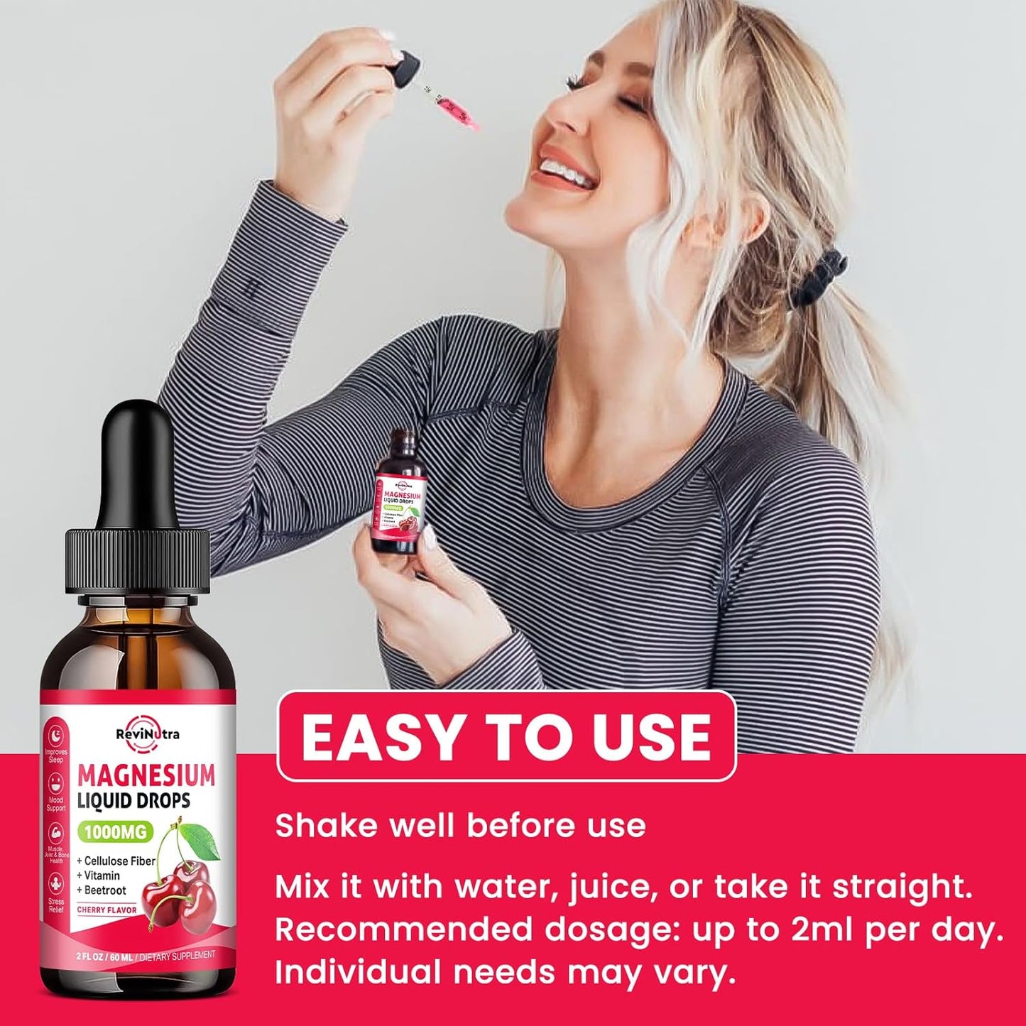 1000mg Magnesium Glycinate Liquid Drops with Fiber, Beetroot, Vitamin B & C - Sleep, Calm, Muscle, Energy, Relaxation - 2 Fl Oz Sugar-Free Cherry Flavor
