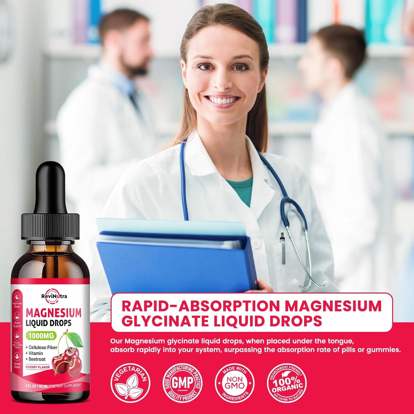 1000mg Magnesium Glycinate Liquid Drops with Fiber, Beetroot, Vitamin B & C - Sleep, Calm, Muscle, Energy, Relaxation - 2 Fl Oz Sugar-Free Cherry Flavor