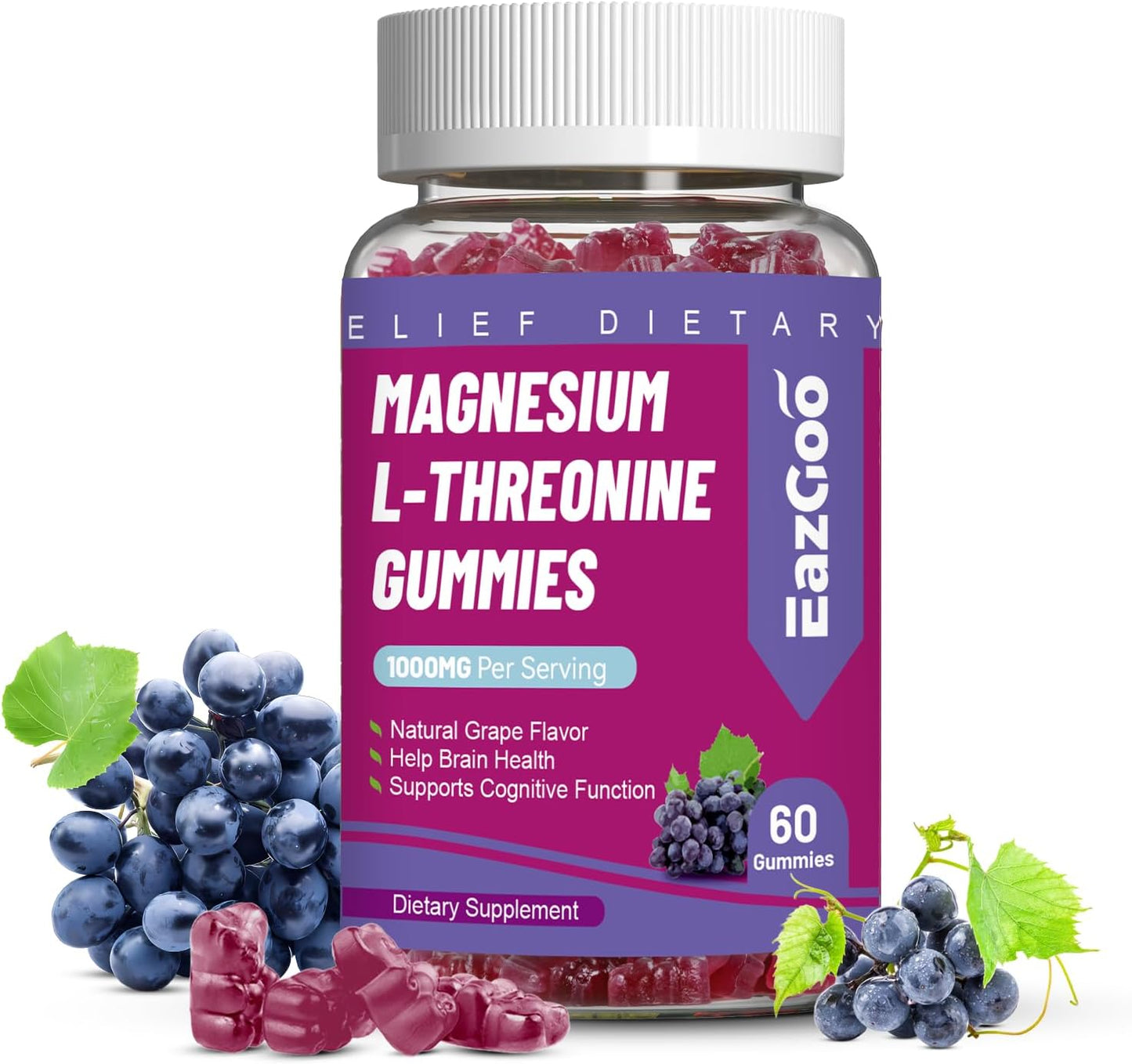1000mg Magnesium Threonine Gummies for Adults - Brain Support, Non-GMO, Vegan - 60 Grape Gummies