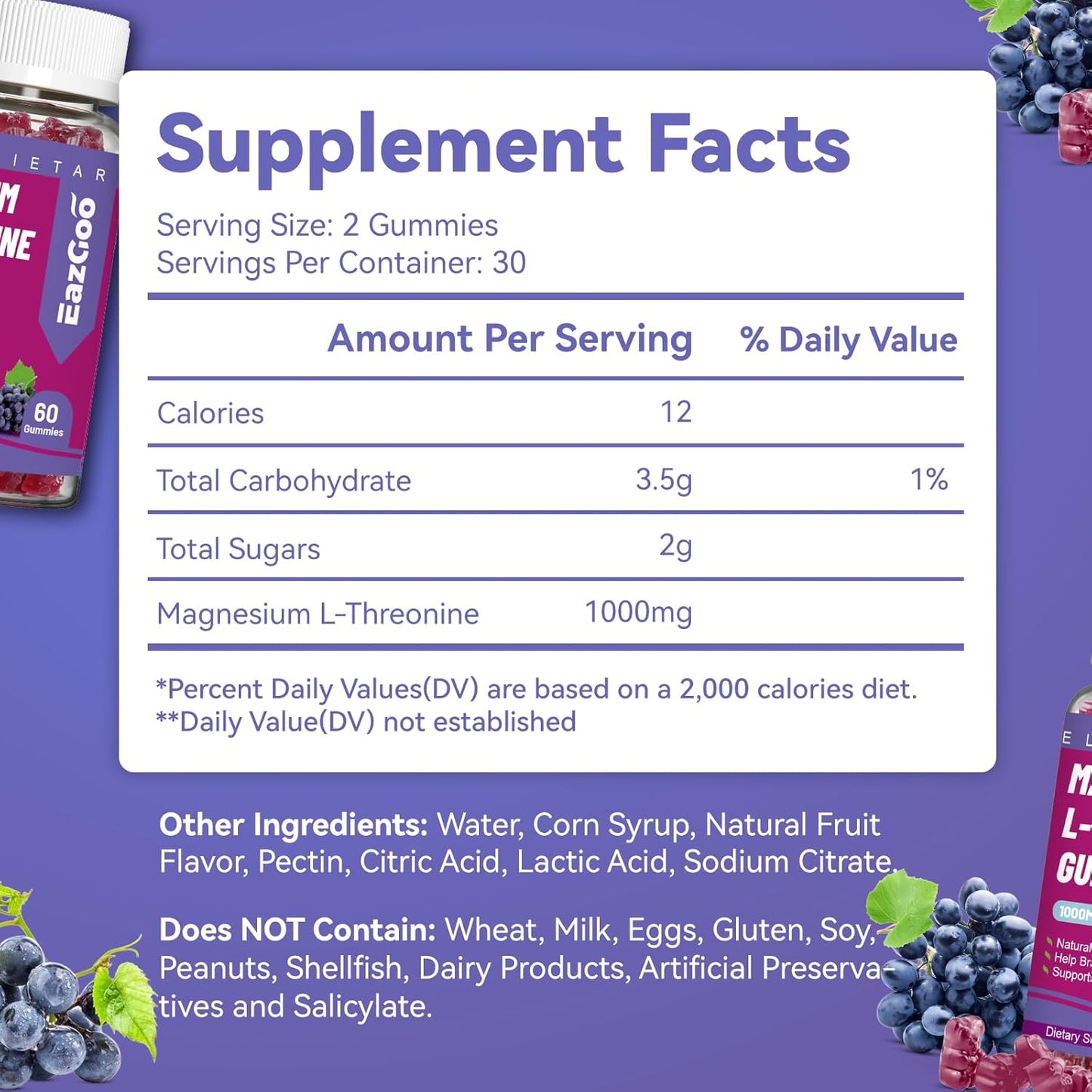 1000mg Magnesium Threonine Gummies for Adults - Brain Support, Non-GMO, Vegan - 60 Grape Gummies
