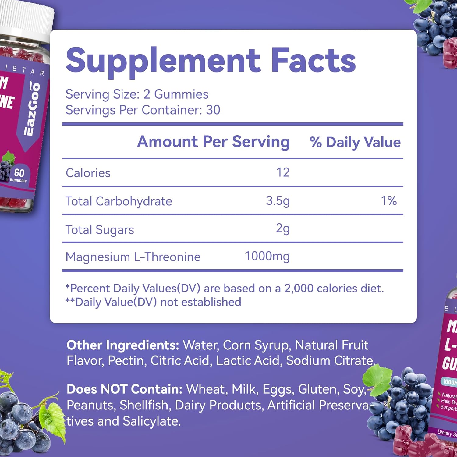 1000mg Magnesium Threonine Gummies for Adults - Brain Support, Non-GMO, Vegan - 60 Grape Gummies