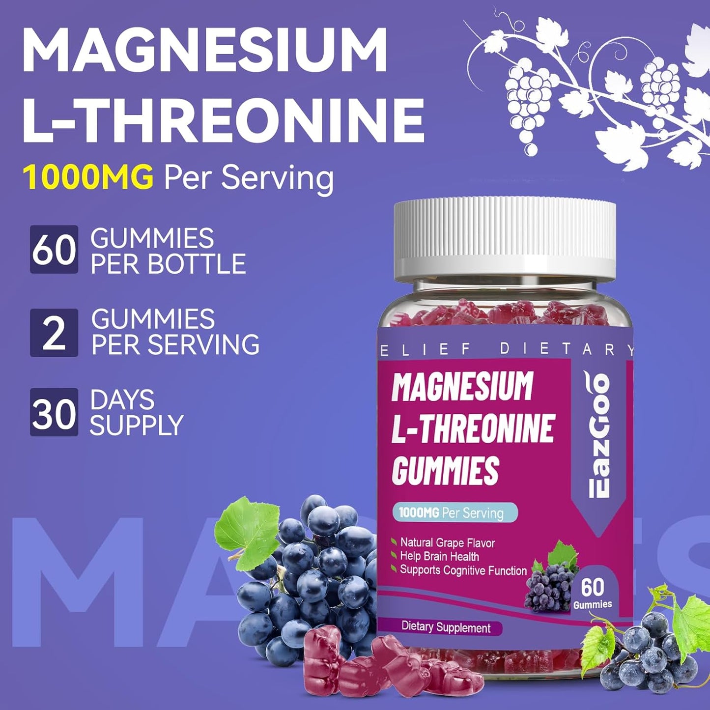 1000mg Magnesium Threonine Gummies for Adults - Brain Support, Non-GMO, Vegan - 60 Grape Gummies
