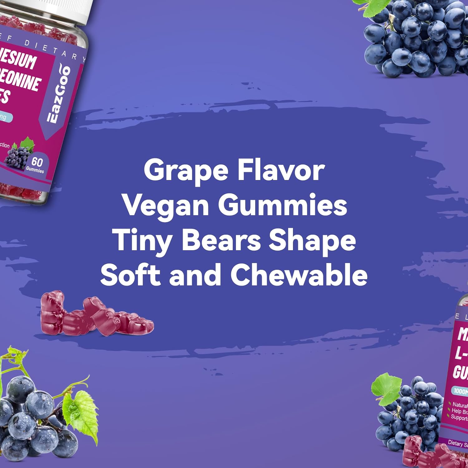 1000mg Magnesium Threonine Gummies for Adults - Brain Support, Non-GMO, Vegan - 60 Grape Gummies