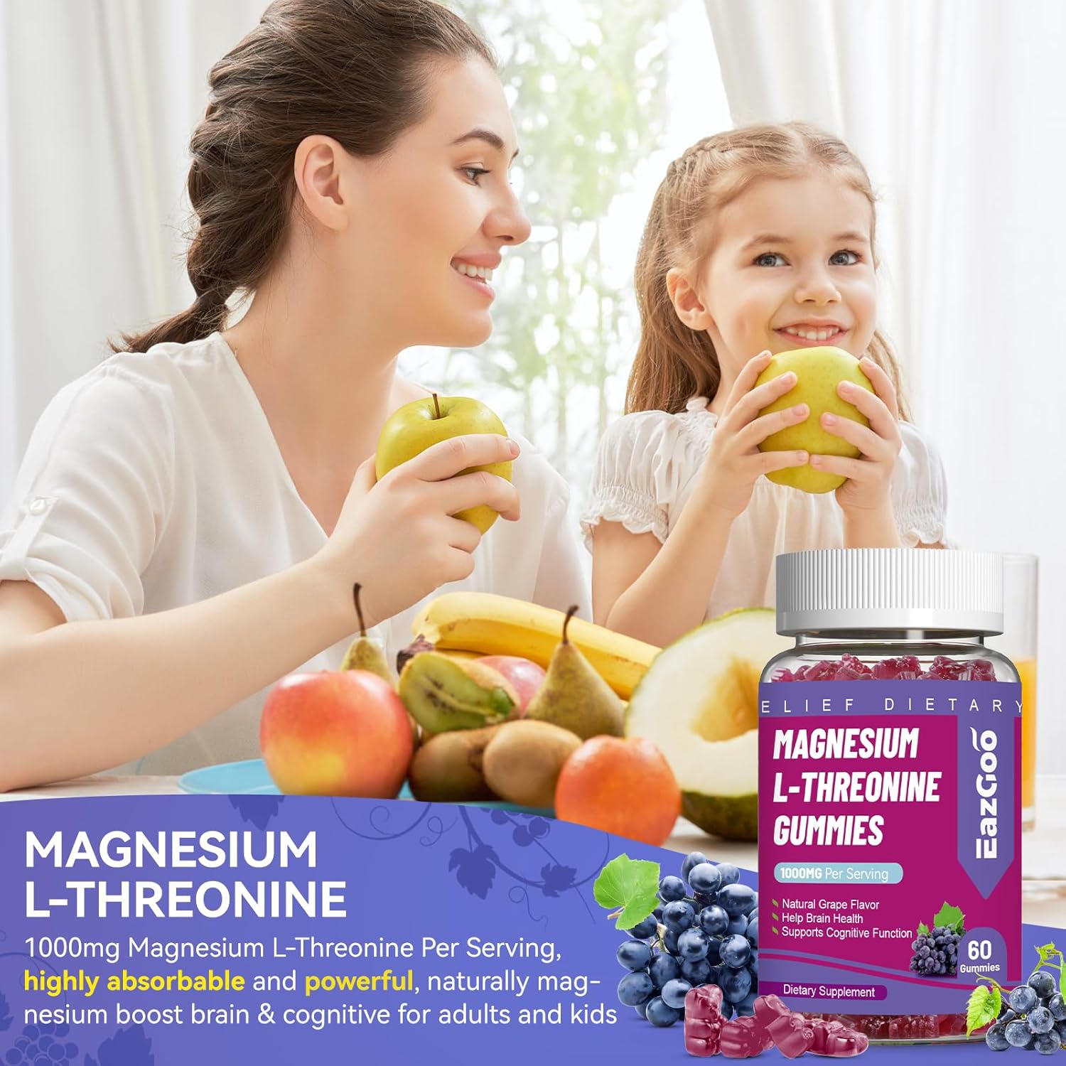 1000mg Magnesium Threonine Gummies for Adults - Brain Support, Non-GMO, Vegan - 60 Grape Gummies