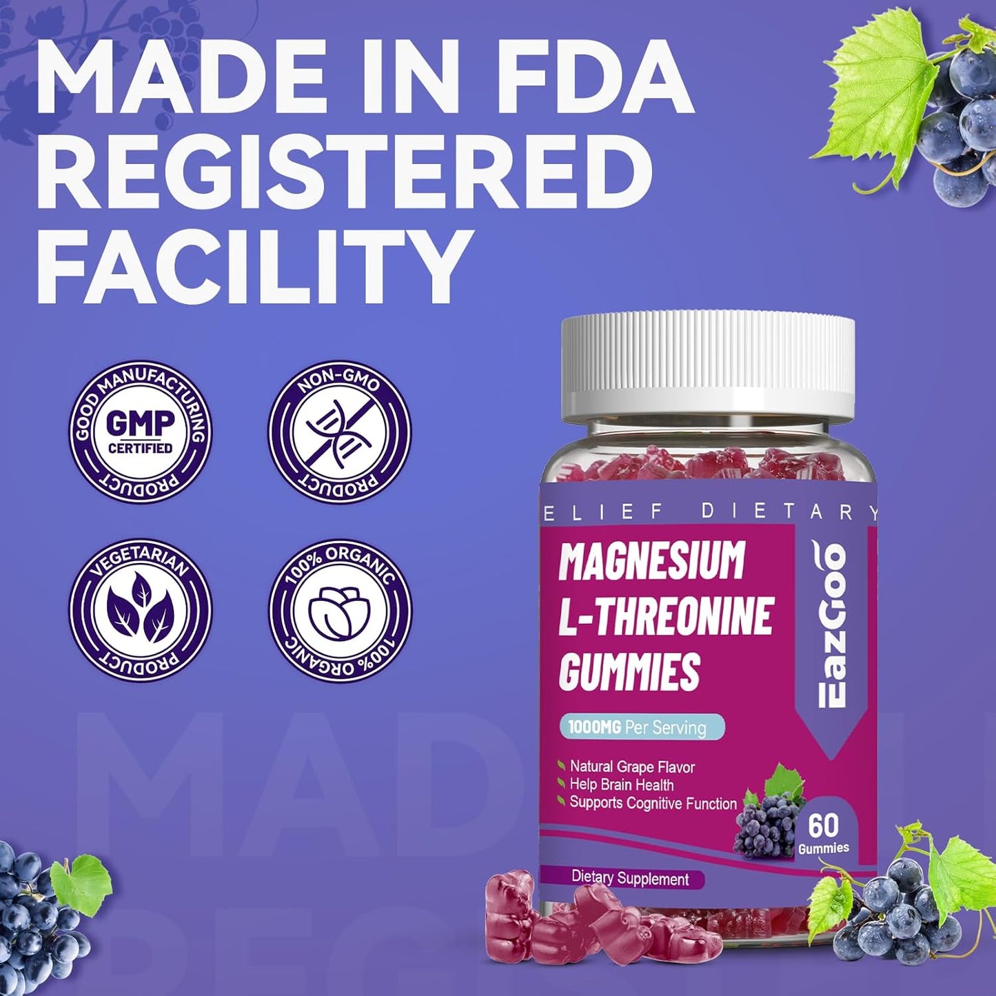 1000mg Magnesium Threonine Gummies for Adults - Brain Support, Non-GMO, Vegan - 60 Grape Gummies