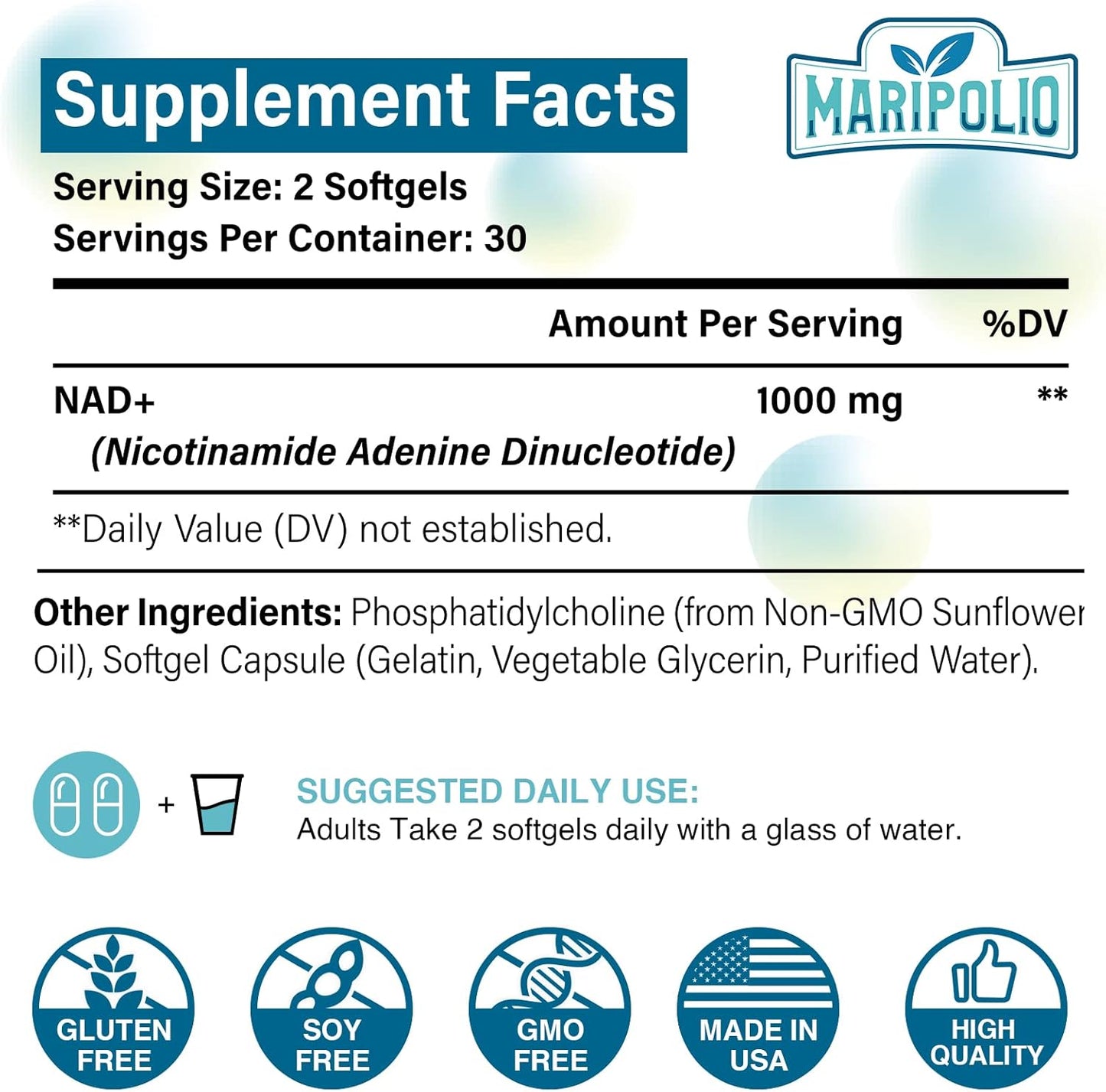 1000mg Maripolio Liposomal NAD+ Supplement with High Potency for Max Absorption - 600 Softgels for Energy, DNA Repair, and Aging Defense
