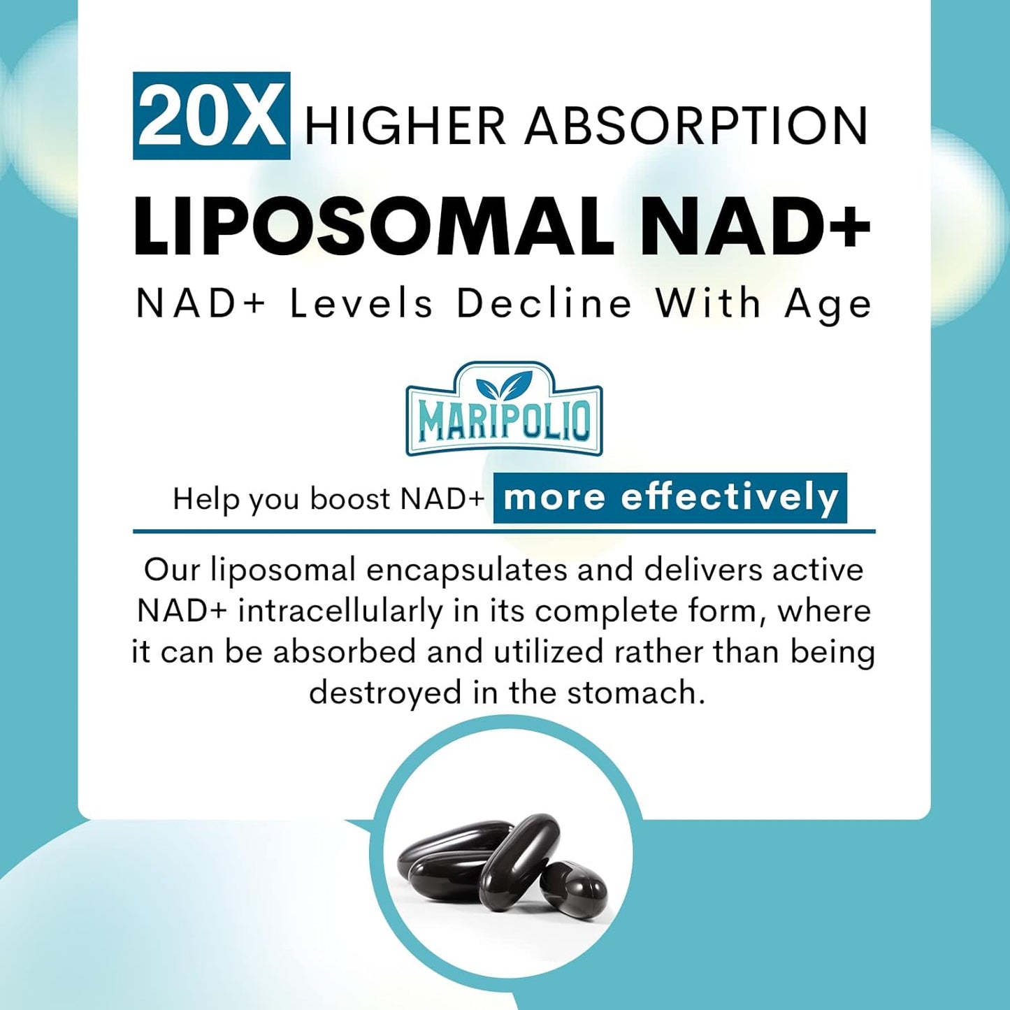 1000mg Maripolio Liposomal NAD+ Supplement with High Potency for Max Absorption - 600 Softgels for Energy, DNA Repair, and Aging Defense