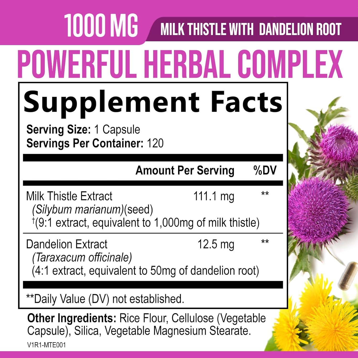 1000mg Milk Thistle and Dandelion Extract Liver Support Supplement - Detox & Repair Formula - 120 Capsules