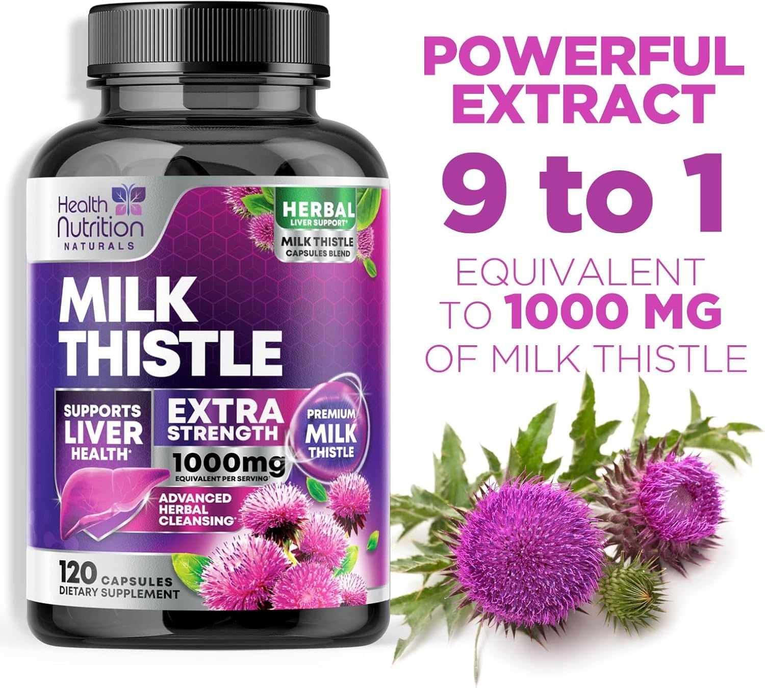1000mg Milk Thistle and Dandelion Extract Liver Support Supplement - Detox & Repair Formula - 120 Capsules