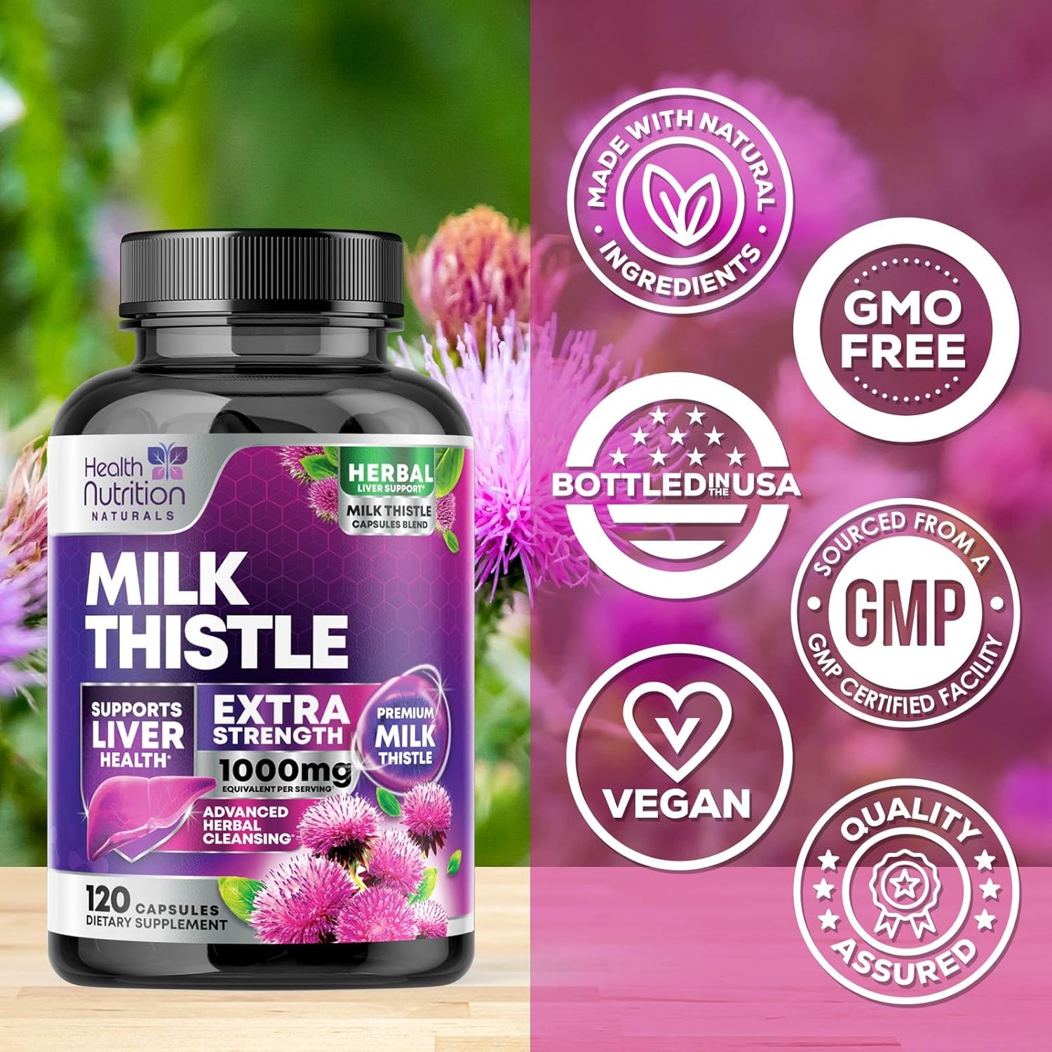1000mg Milk Thistle and Dandelion Extract Liver Support Supplement - Detox & Repair Formula - 120 Capsules