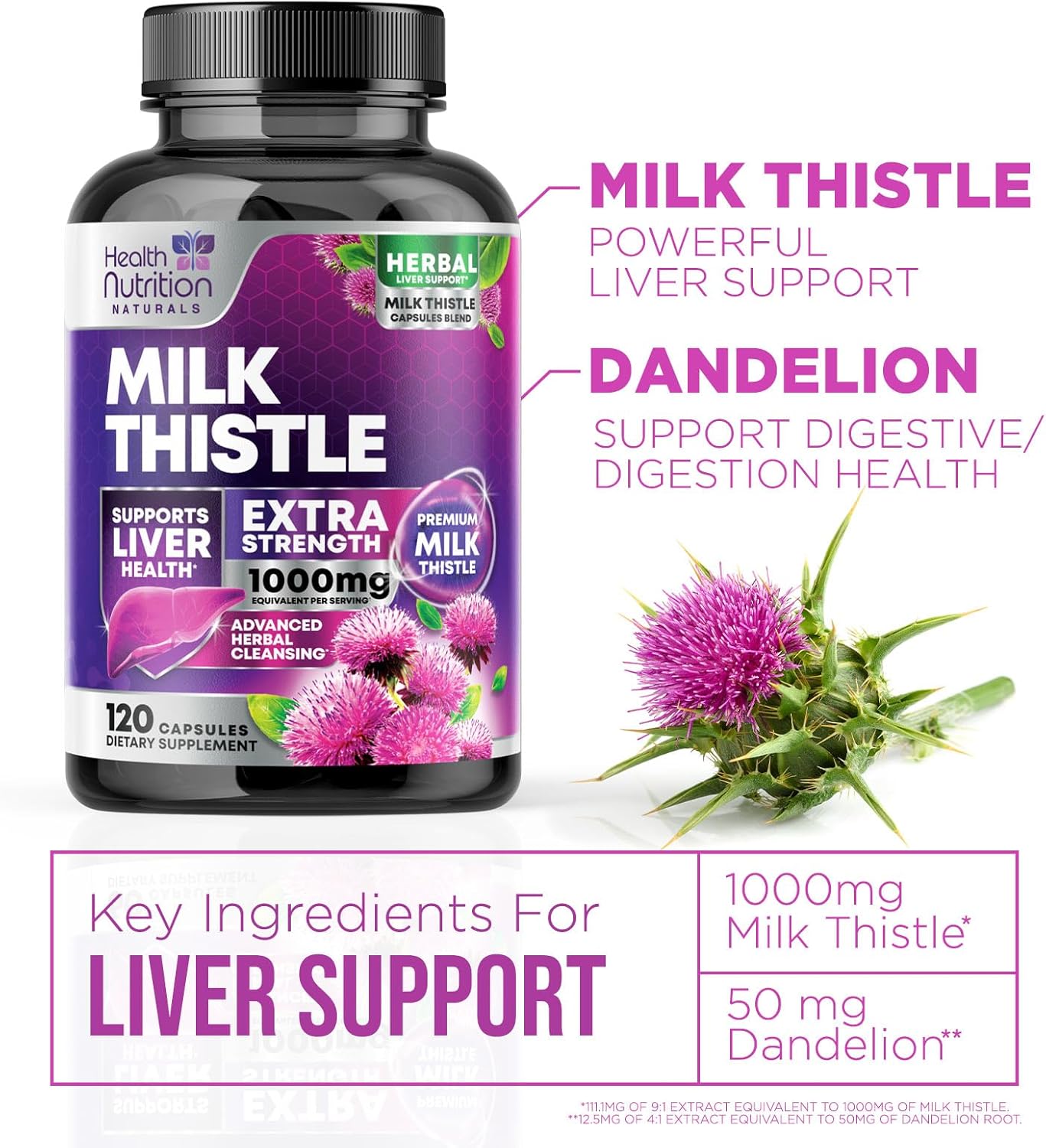 1000mg Milk Thistle and Dandelion Extract Liver Support Supplement - Detox & Repair Formula - 120 Capsules
