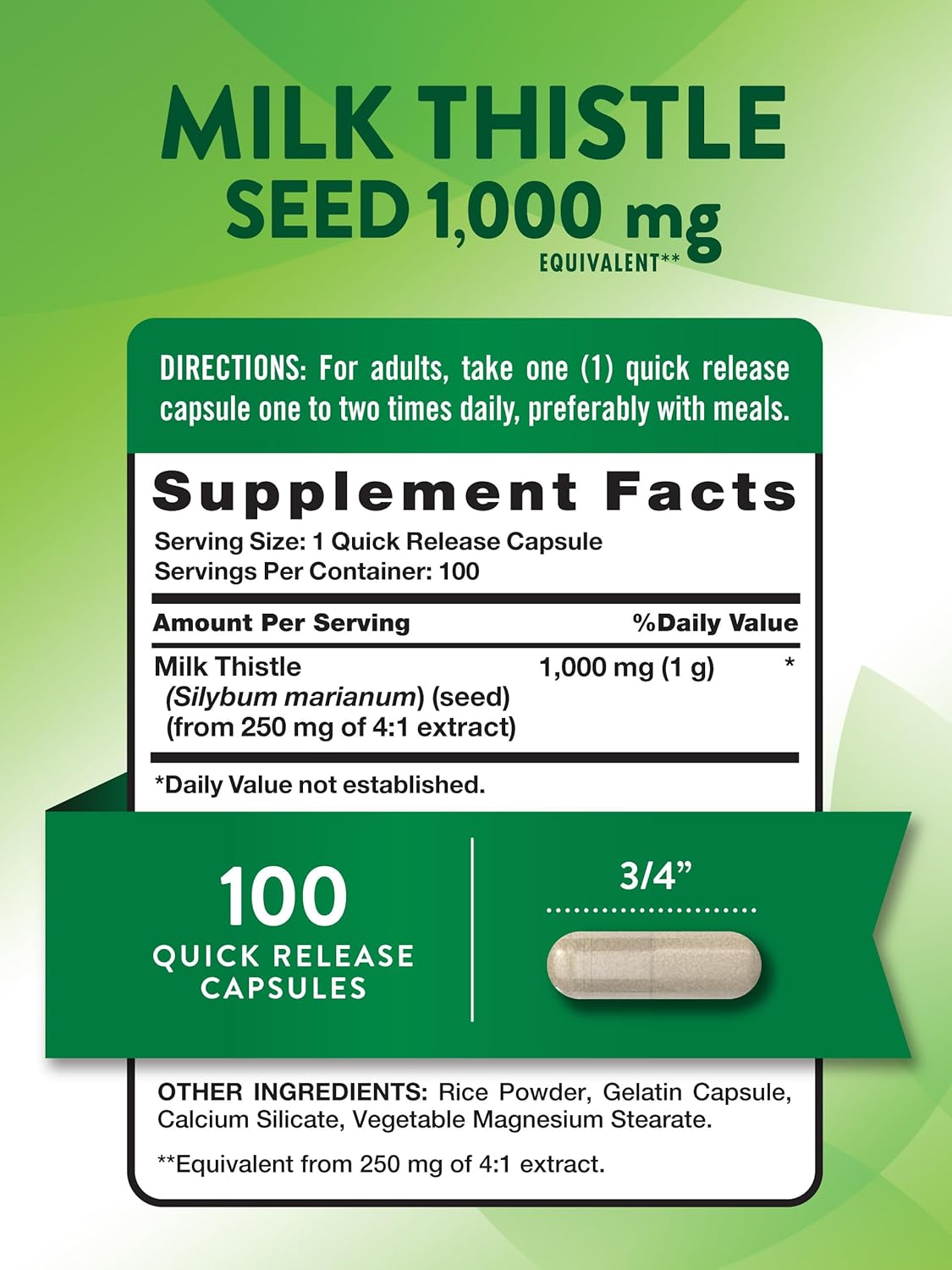 1000mg Milk Thistle Extract Capsules | 100 Count | Non-GMO & Gluten Free Supplement by Nature's Truth