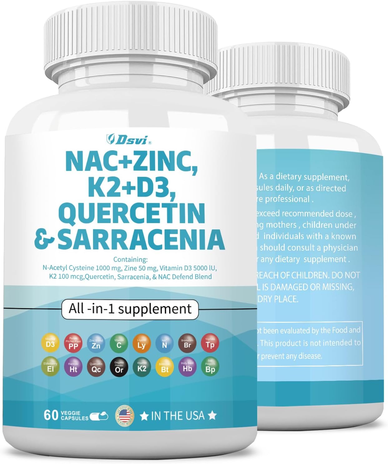 1000mg NAC Supplement with Vitamin D3, K2, Zinc, Quercetin, Sarracenia Purpurea, Elderberry, Holy Basil, Bee Propolis, Bromelain, L-Lysine - 60 Count for Men and Women