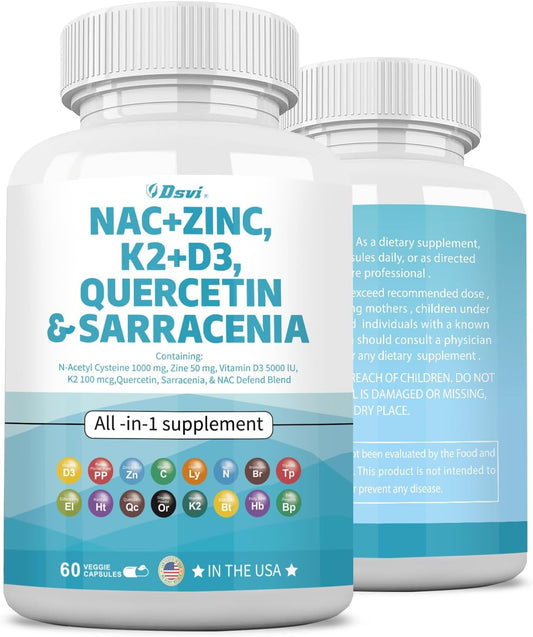 1000mg NAC Supplement with Vitamin D3, K2, Zinc, Quercetin, Sarracenia Purpurea, Elderberry, Holy Basil, Bee Propolis, Bromelain, L-Lysine - 60 Count for Men and Women