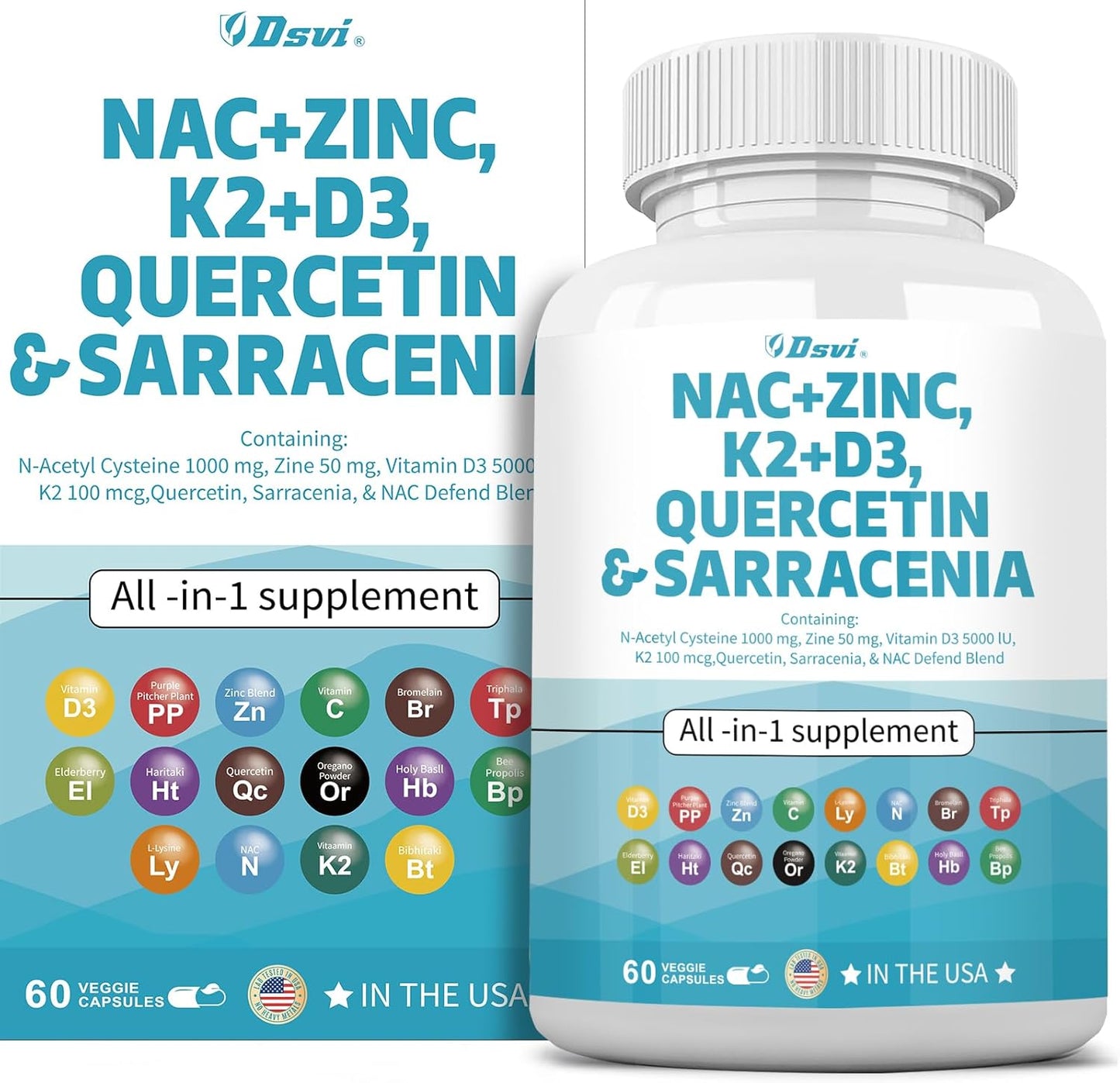 1000mg NAC Supplement with Vitamin D3, K2, Zinc, Quercetin, Sarracenia Purpurea, Elderberry, Holy Basil, Bee Propolis, Bromelain, L-Lysine - 60 Count for Men and Women