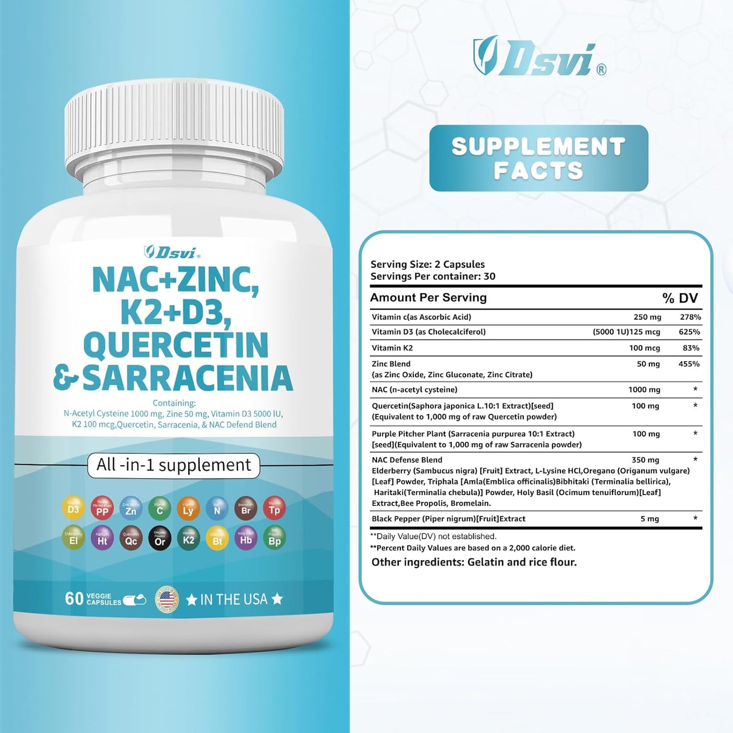 1000mg NAC Supplement with Vitamin D3, K2, Zinc, Quercetin, Sarracenia Purpurea, Elderberry, Holy Basil, Bee Propolis, Bromelain, L-Lysine - 60 Count for Men and Women