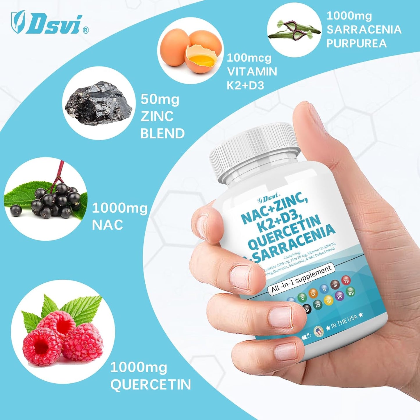 1000mg NAC Supplement with Vitamin D3, K2, Zinc, Quercetin, Sarracenia Purpurea, Elderberry, Holy Basil, Bee Propolis, Bromelain, L-Lysine - 60 Count for Men and Women