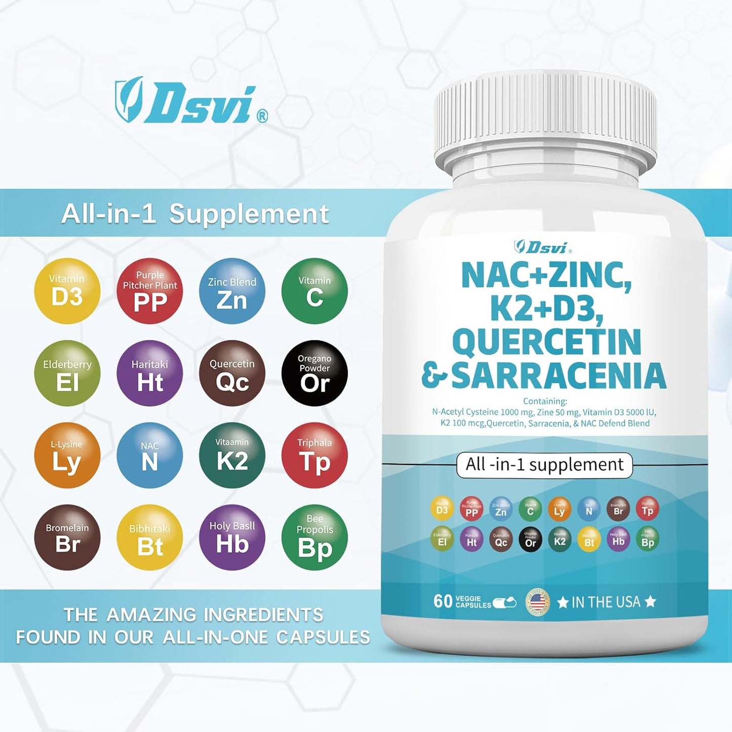 1000mg NAC Supplement with Vitamin D3, K2, Zinc, Quercetin, Sarracenia Purpurea, Elderberry, Holy Basil, Bee Propolis, Bromelain, L-Lysine - 60 Count for Men and Women
