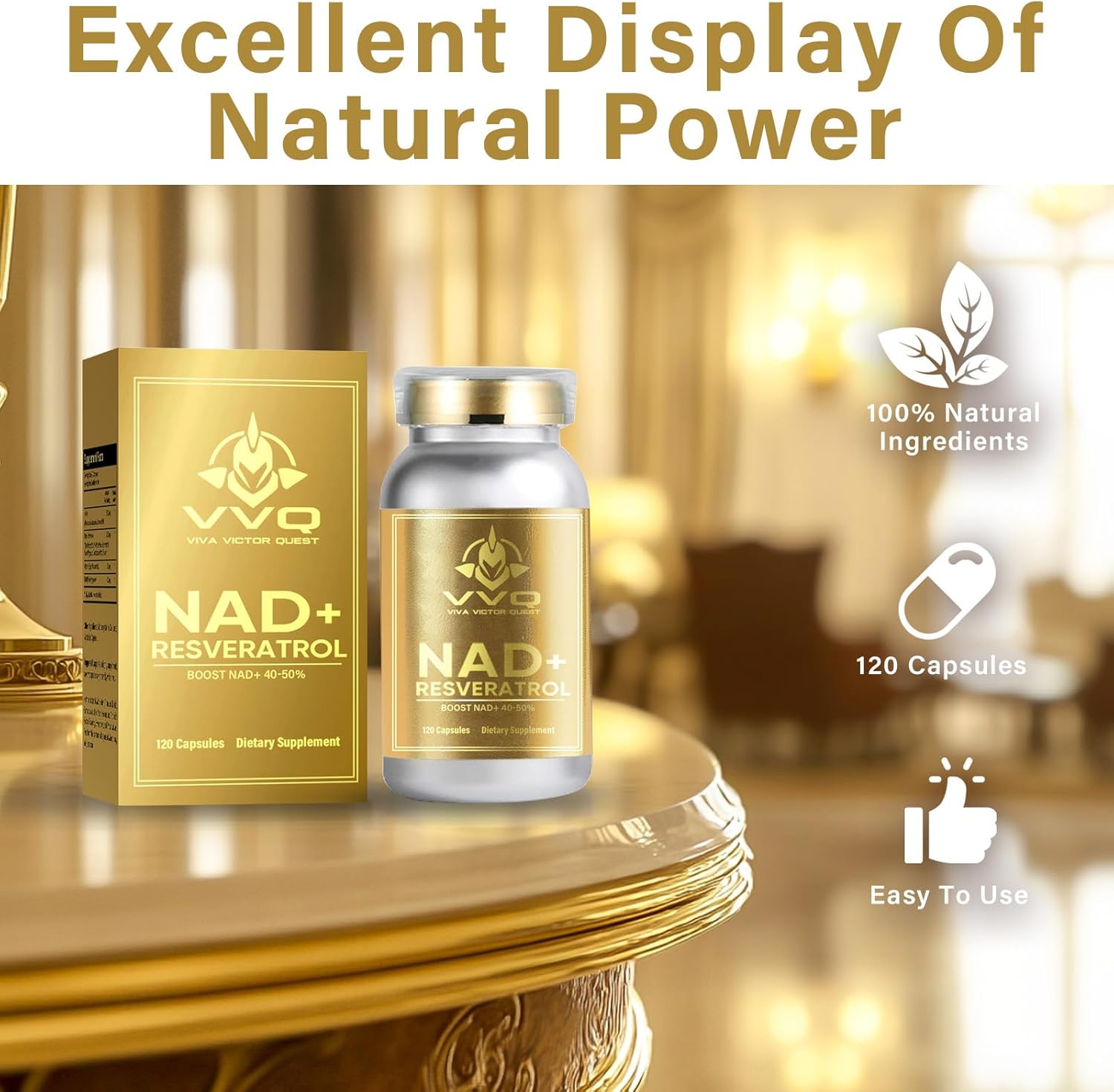 1000mg NAD Supplement Capsules - True NAD+ & Resveratrol Alternative for Anti-Aging - 120 Count