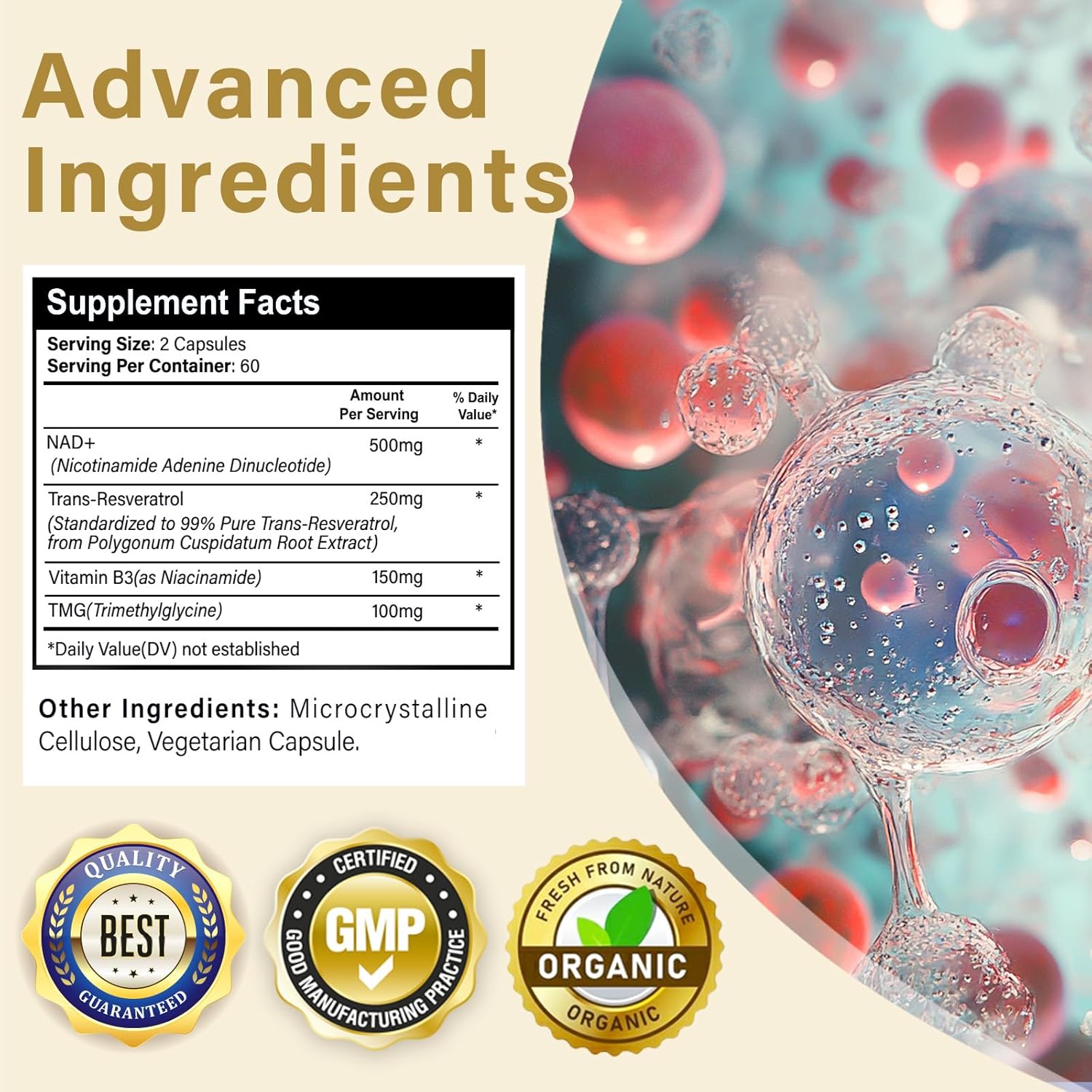 1000mg NAD Supplement Capsules - True NAD+ & Resveratrol Alternative for Anti-Aging - 120 Count