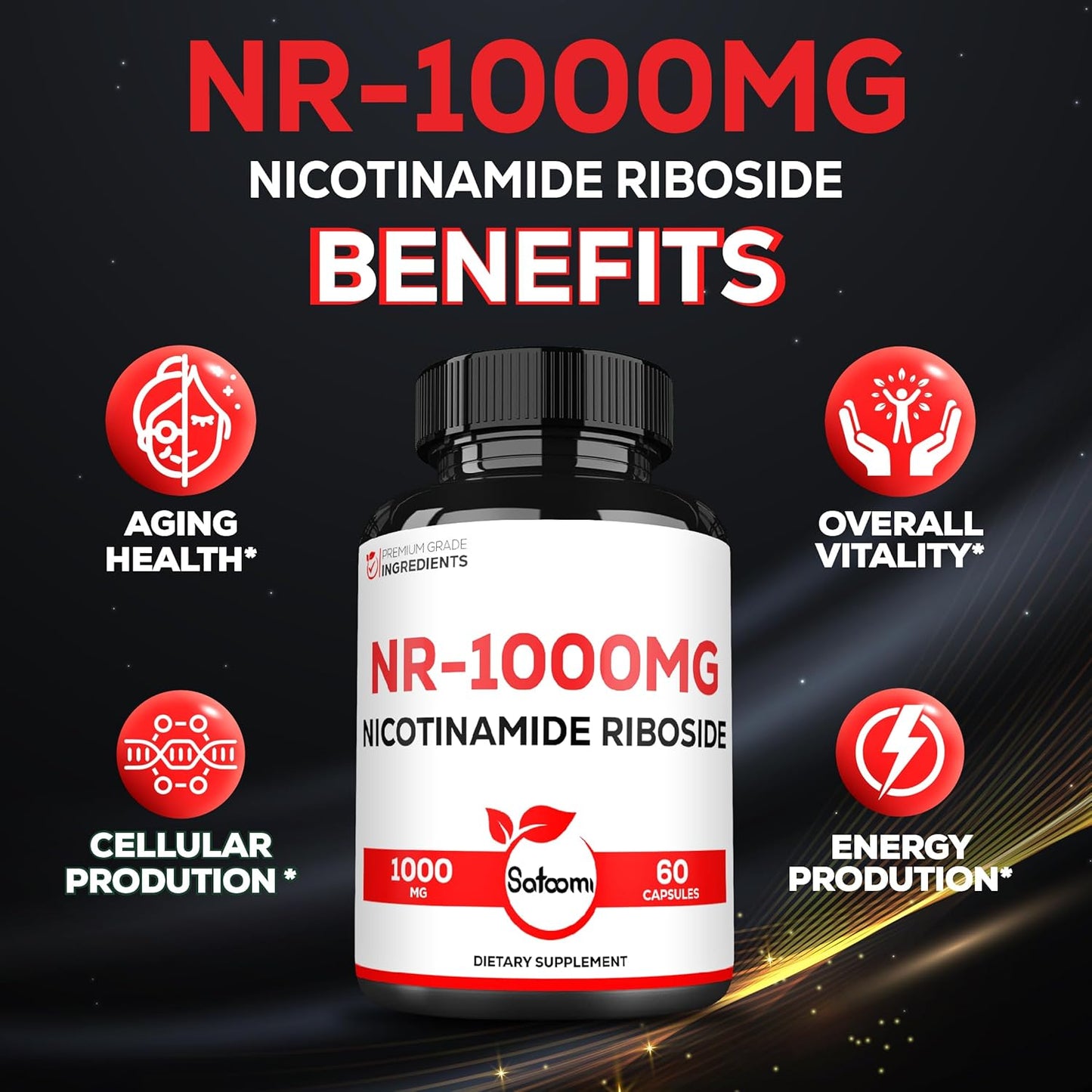 1000mg NAD Supplement with Nicotinamide Riboside NR - Supports Cellular Health, Aging, and Overall Wellness - 60 Capsules, 30 Day Supply