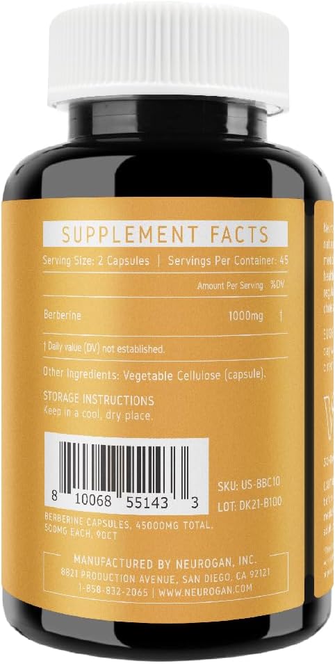 1000MG Neurogan Berberine HCI Capsules for Weight Management - 98% All-Natural Berberine Supplement, Bioavailable Formula | 45 Day Supply
