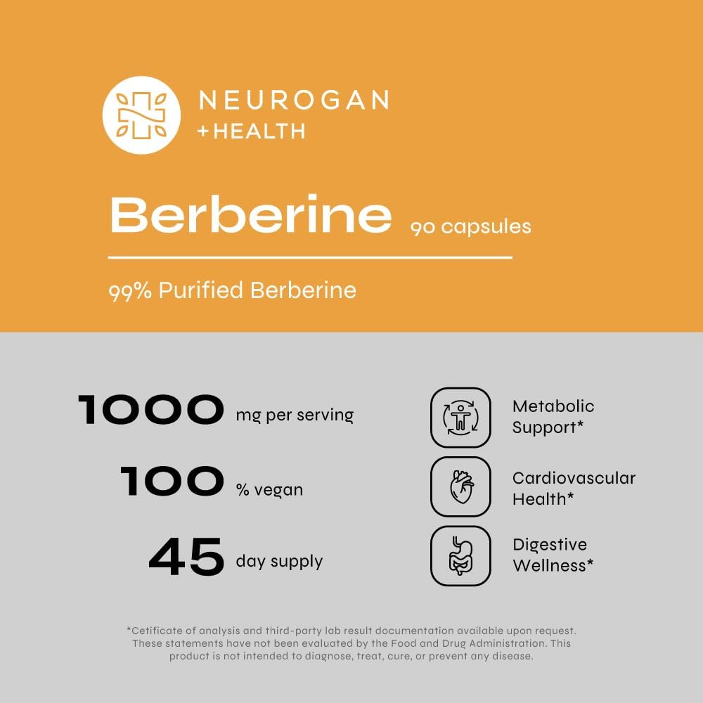 1000MG Neurogan Berberine HCI Capsules for Weight Management - 98% All-Natural Berberine Supplement, Bioavailable Formula | 45 Day Supply