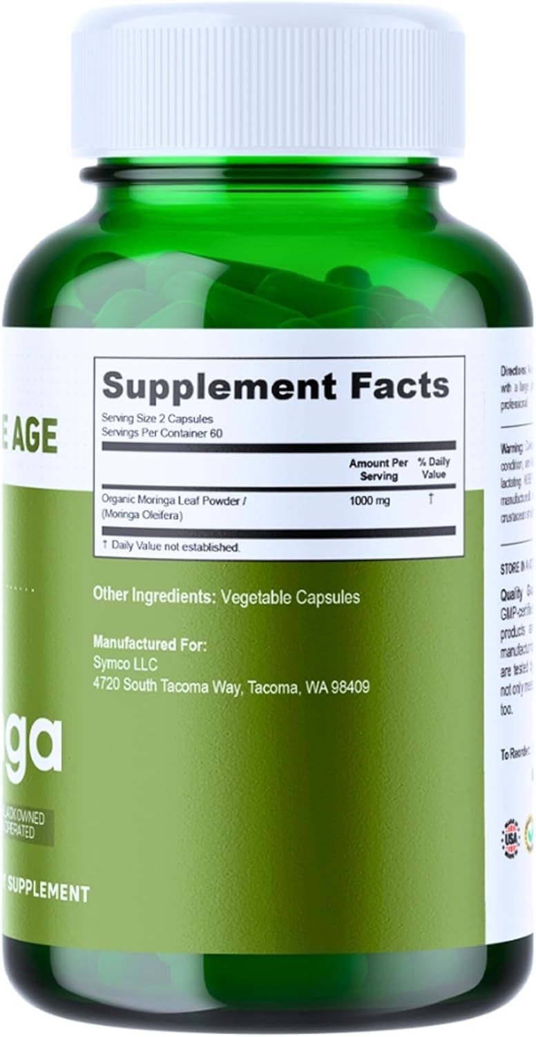 1000mg Organic Moringa Leaf Powder Capsules - 60 Count - Made in USA - Vegan, Gluten Free - Antioxidants, Liver & Kidney Support - All-Natural Supplement