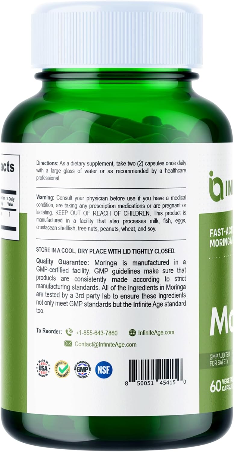 1000mg Organic Moringa Leaf Powder Capsules - 60 Count - Made in USA - Vegan, Gluten Free - Antioxidants, Liver & Kidney Support - All-Natural Supplement