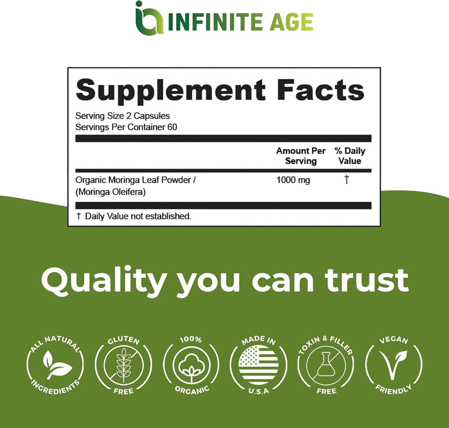 1000mg Organic Moringa Leaf Powder Capsules - 60 Count - Made in USA - Vegan, Gluten Free - Antioxidants, Liver & Kidney Support - All-Natural Supplement