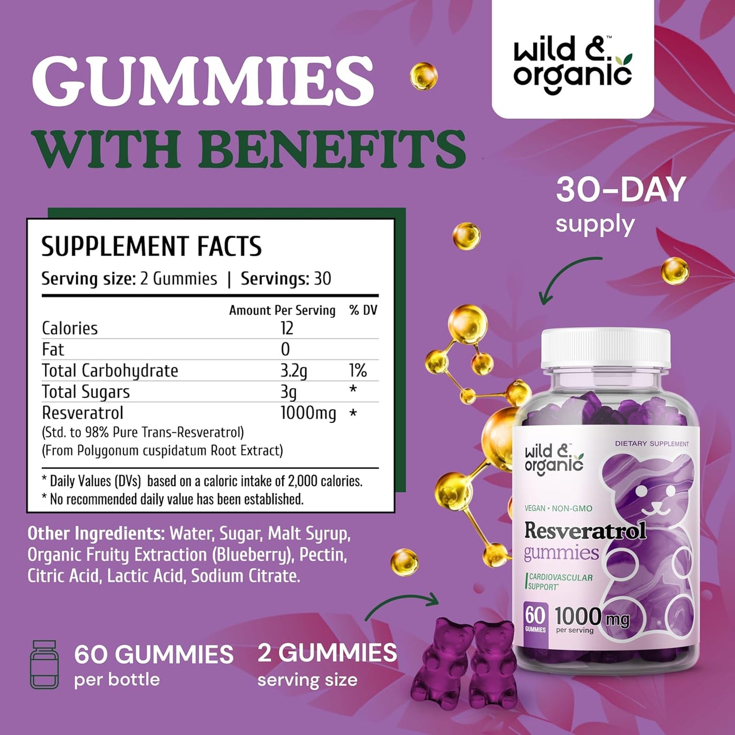 1000mg Organic Resveratrol Gummies - Vegan Antioxidant Supplement for Brain & Immune Support - 60 Count