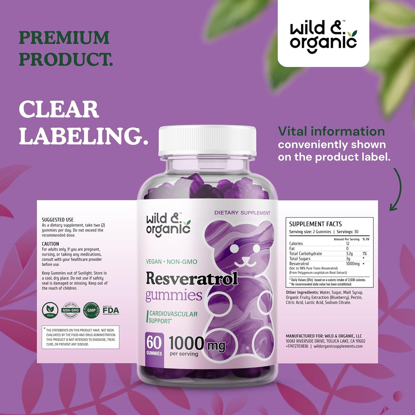 1000mg Organic Resveratrol Gummies - Vegan Antioxidant Supplement for Brain & Immune Support - 60 Count