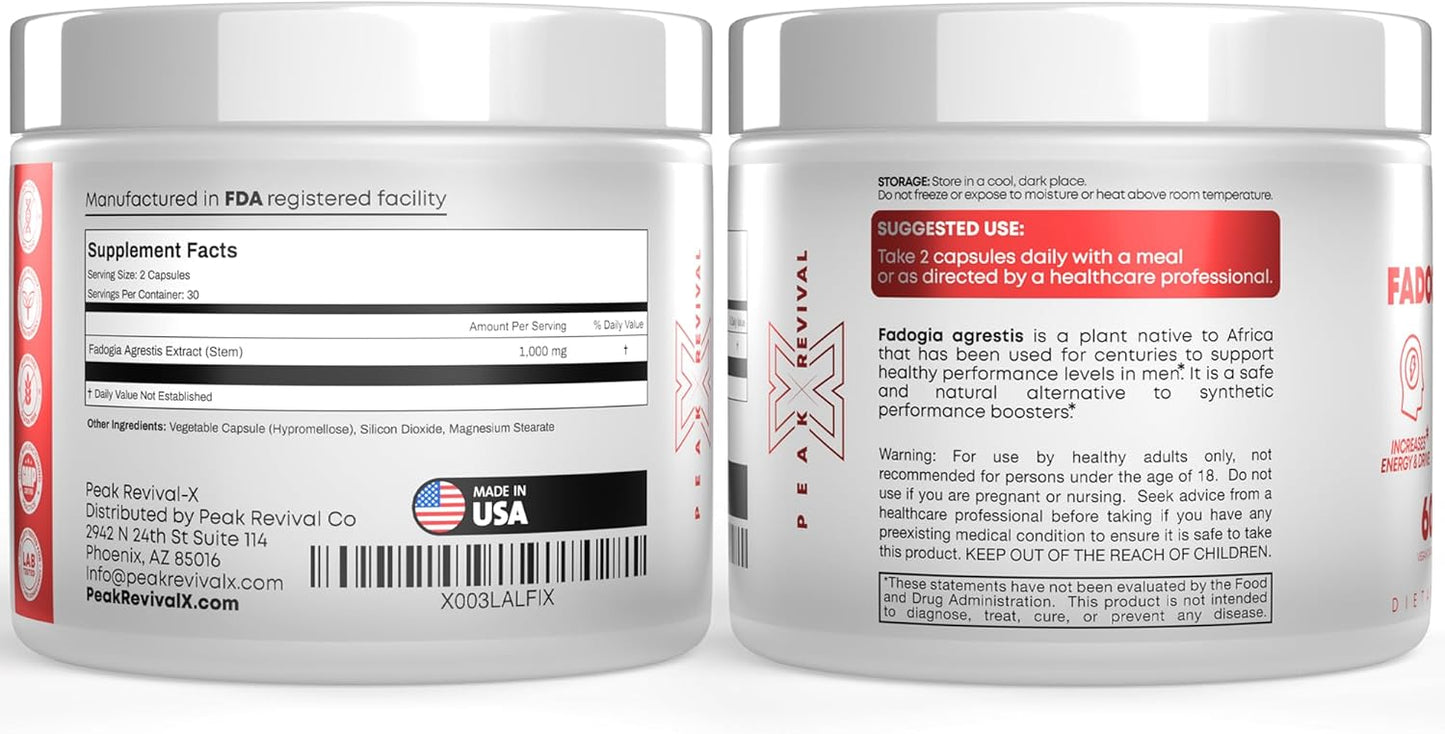1000mg Peak Revival-X Fadogia Agrestis Supplement for Energy, Performance & Muscle Mass - USA Made (60 Capsules)