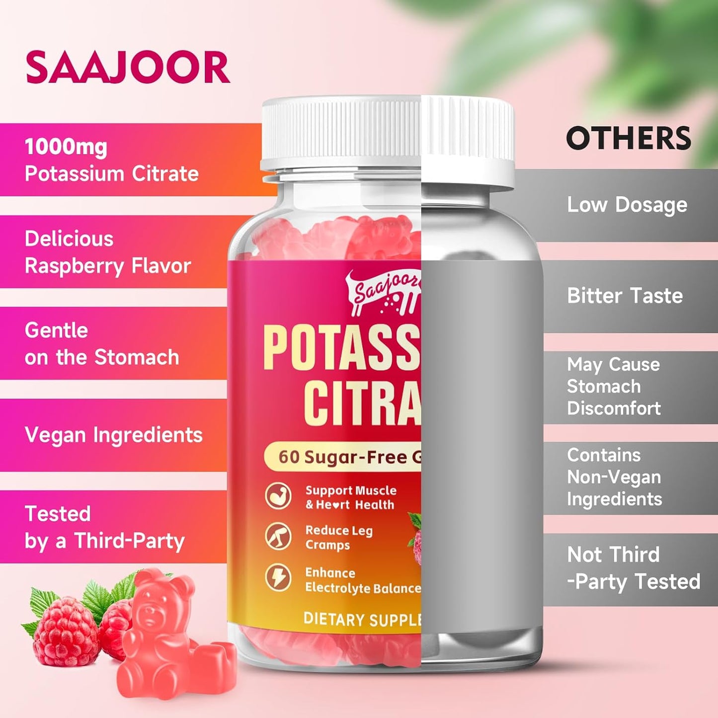 1000mg Potassium Citrate Gummies for Adults, Supports Muscle Health, 60 Count