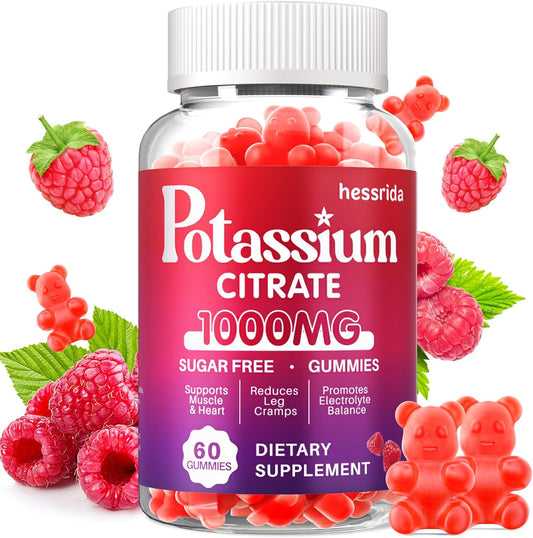 1000mg Potassium Citrate Gummy Supplement for Adults - Supports Heart & Muscle Health, Electrolyte Balance, Reduces Leg Cramps - Raspberry Flavor - 60 Count