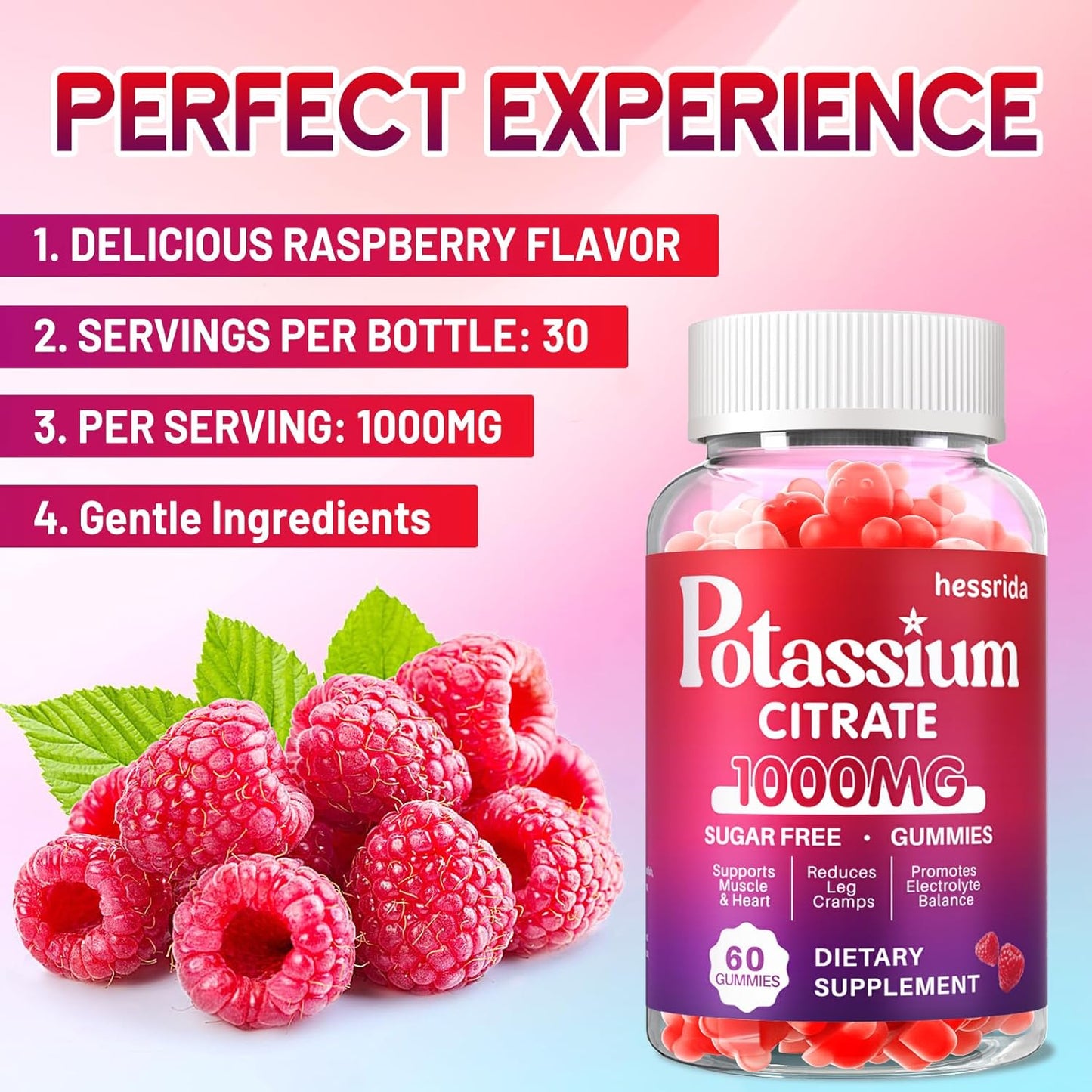 1000mg Potassium Citrate Gummy Supplement for Adults - Supports Heart & Muscle Health, Electrolyte Balance, Reduces Leg Cramps - Raspberry Flavor - 60 Count