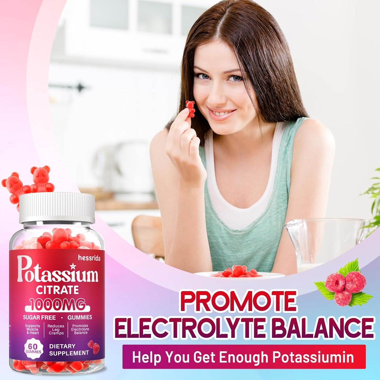 1000mg Potassium Citrate Gummy Supplement for Adults - Supports Heart & Muscle Health, Electrolyte Balance, Reduces Leg Cramps - Raspberry Flavor - 60 Count