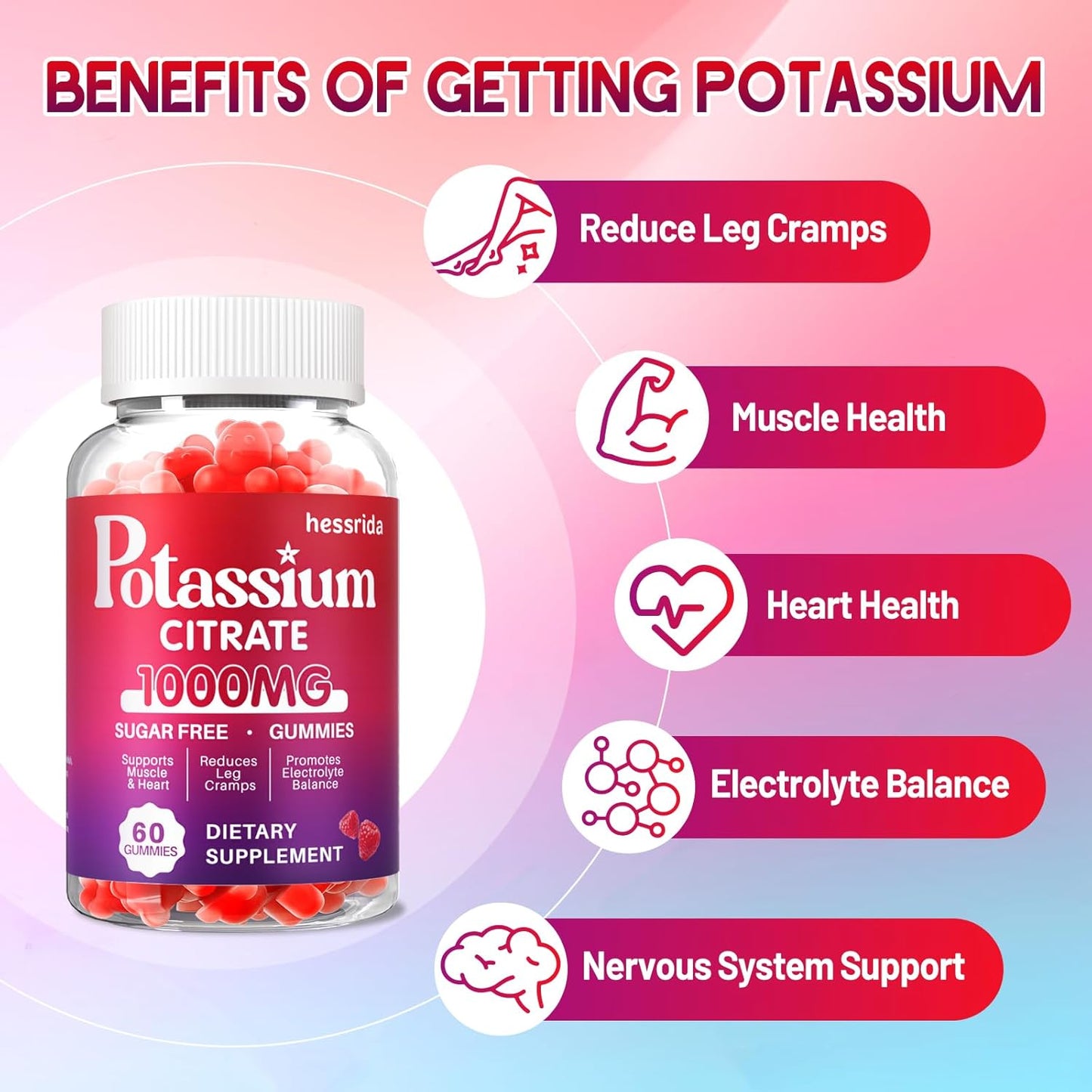 1000mg Potassium Citrate Gummy Supplement for Adults - Supports Heart & Muscle Health, Electrolyte Balance, Reduces Leg Cramps - Raspberry Flavor - 60 Count