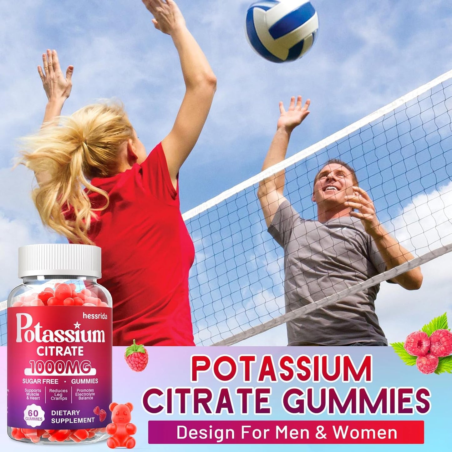 1000mg Potassium Citrate Gummy Supplement for Adults - Supports Heart & Muscle Health, Electrolyte Balance, Reduces Leg Cramps - Raspberry Flavor - 60 Count
