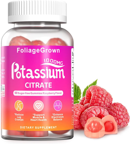 1000mg Potassium Gummies for Leg Cramps & Heart Health - FoliageGrown Supplement (60ct)