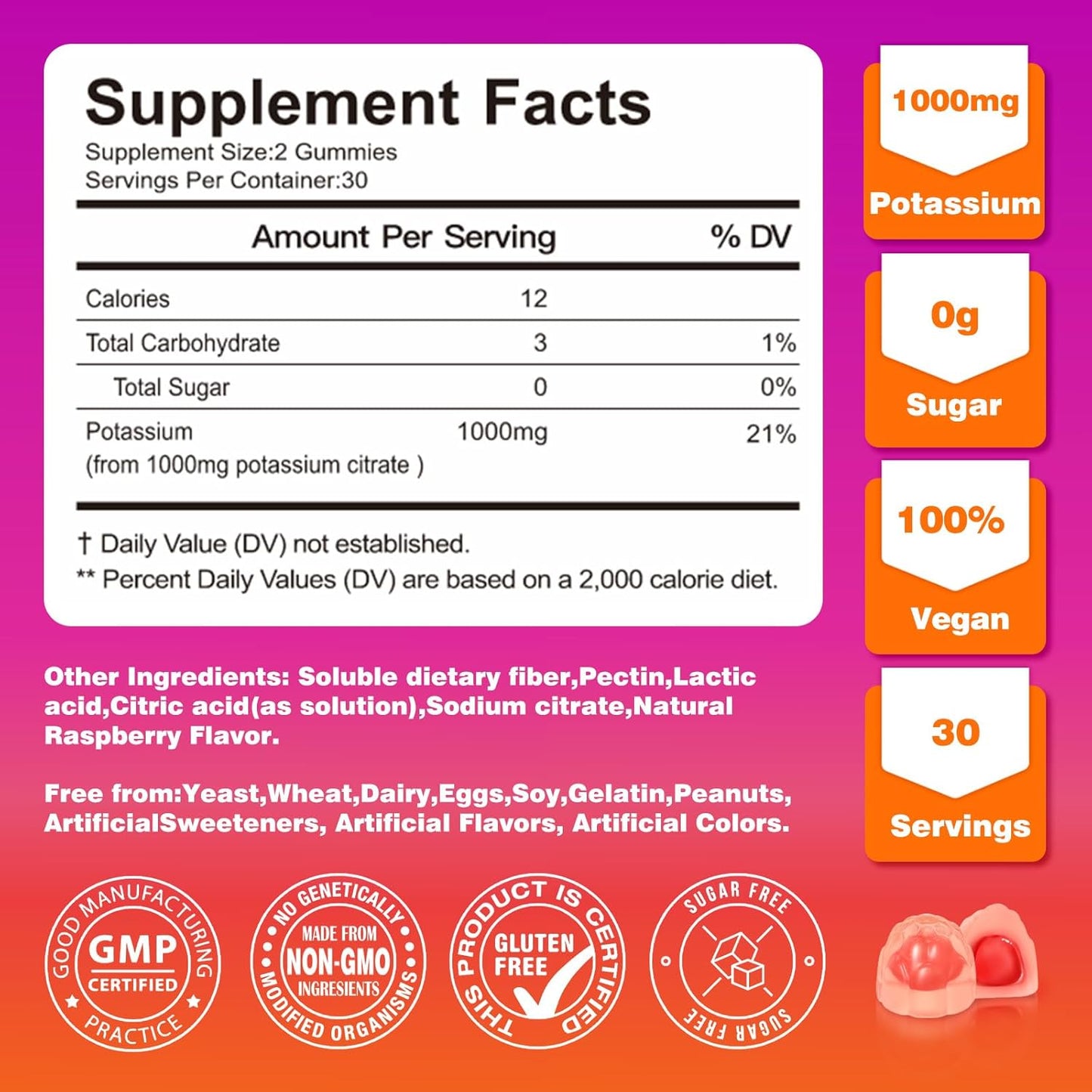 1000mg Potassium Gummies for Leg Cramps & Heart Health - FoliageGrown Supplement (60ct)