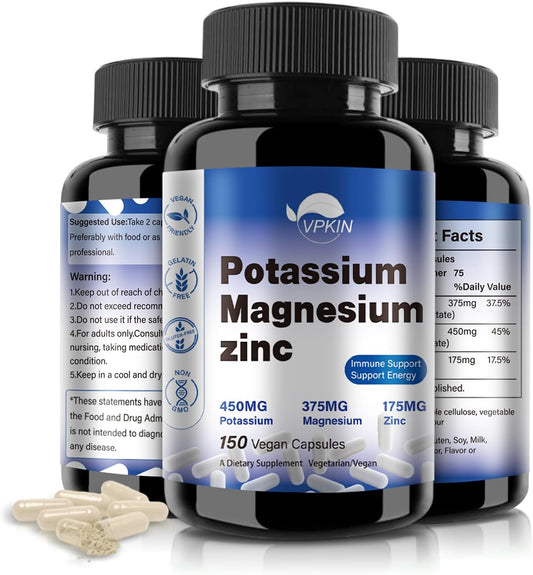 1000mg Potassium Magnesium Supplement with Zinc Aspartate - Vegan, Non-GMO (150 Capsules)