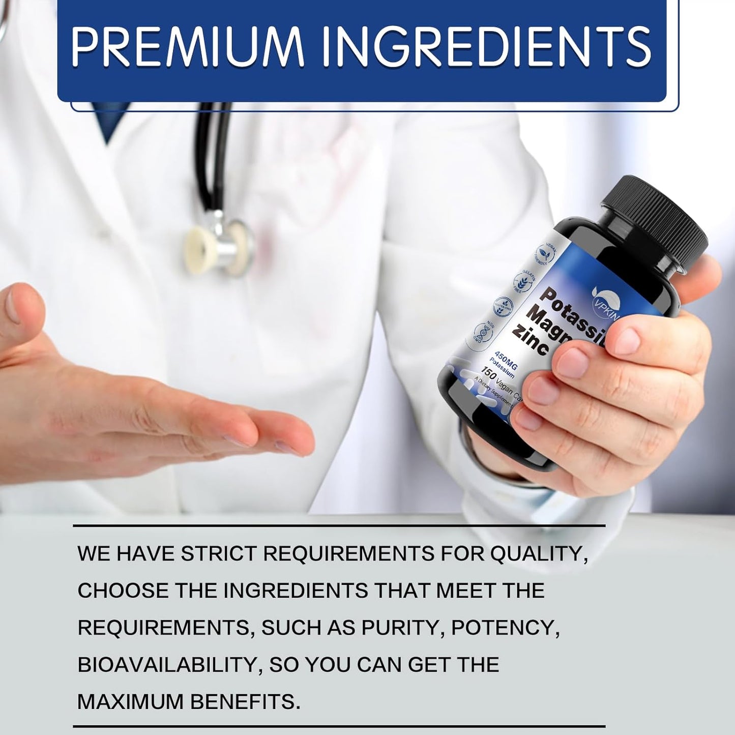 1000mg Potassium Magnesium Supplement with Zinc Aspartate - Vegan, Non-GMO (150 Capsules)