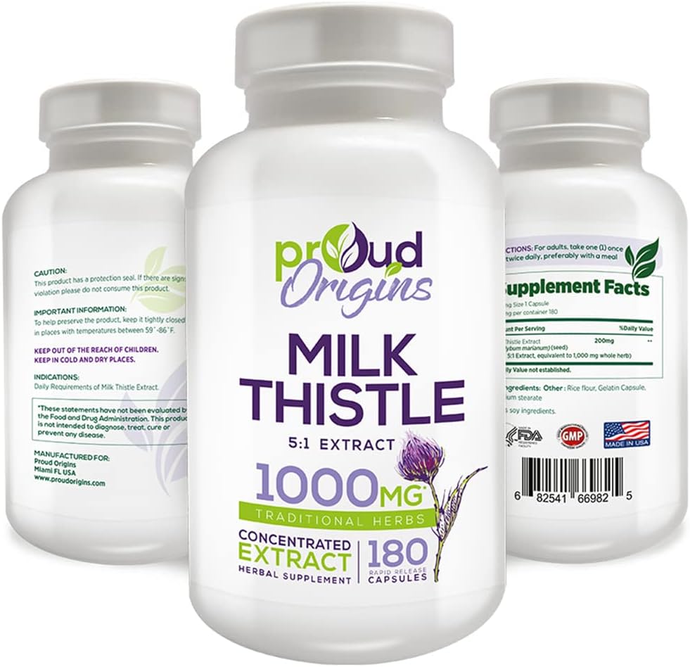 1000mg Proud Origins Milk Thistle for Healthy Liver Function - Gluten Free, Rapid Release Supplements, 6-Month Supply (2 Pack)