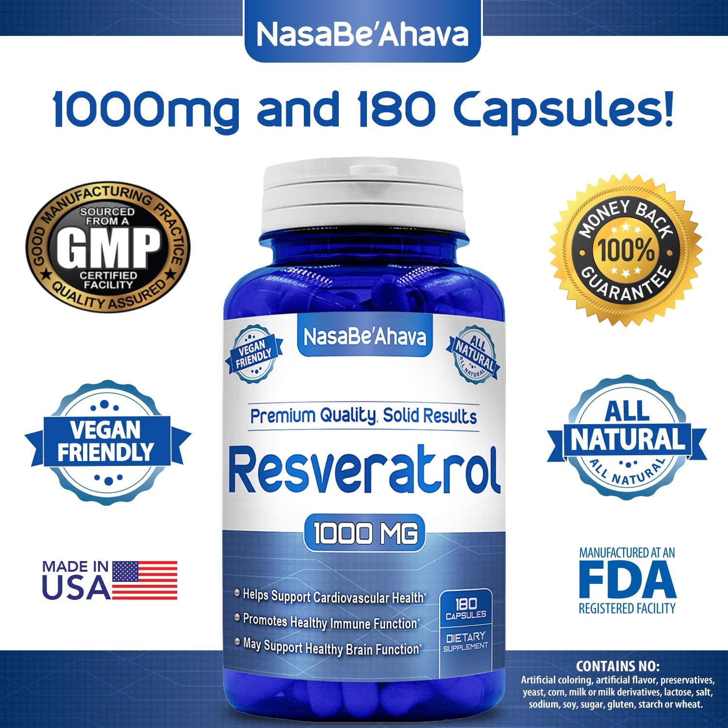 1000mg Resveratrol Capsules | Vegan Supplement for Skin, Heart, and Brain | Antioxidant from Japanese Knotweed | Made in USA (90 Day Supply)