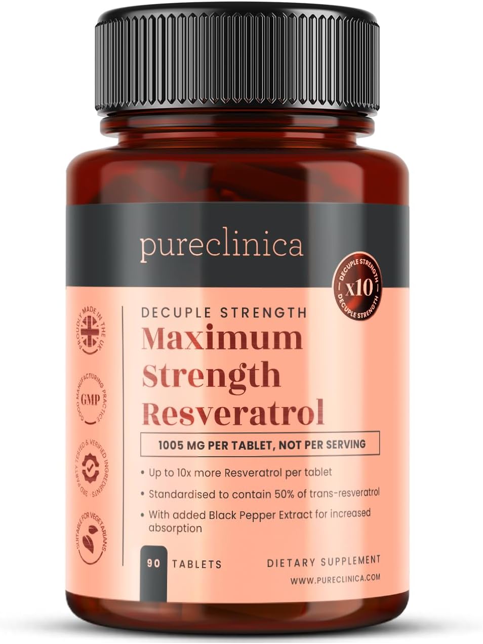 1000mg Resveratrol Tablets - 90 Count (3 Month Supply) with Black Pepper Extract for Enhanced Absorption - 10x Strength from pureclinica