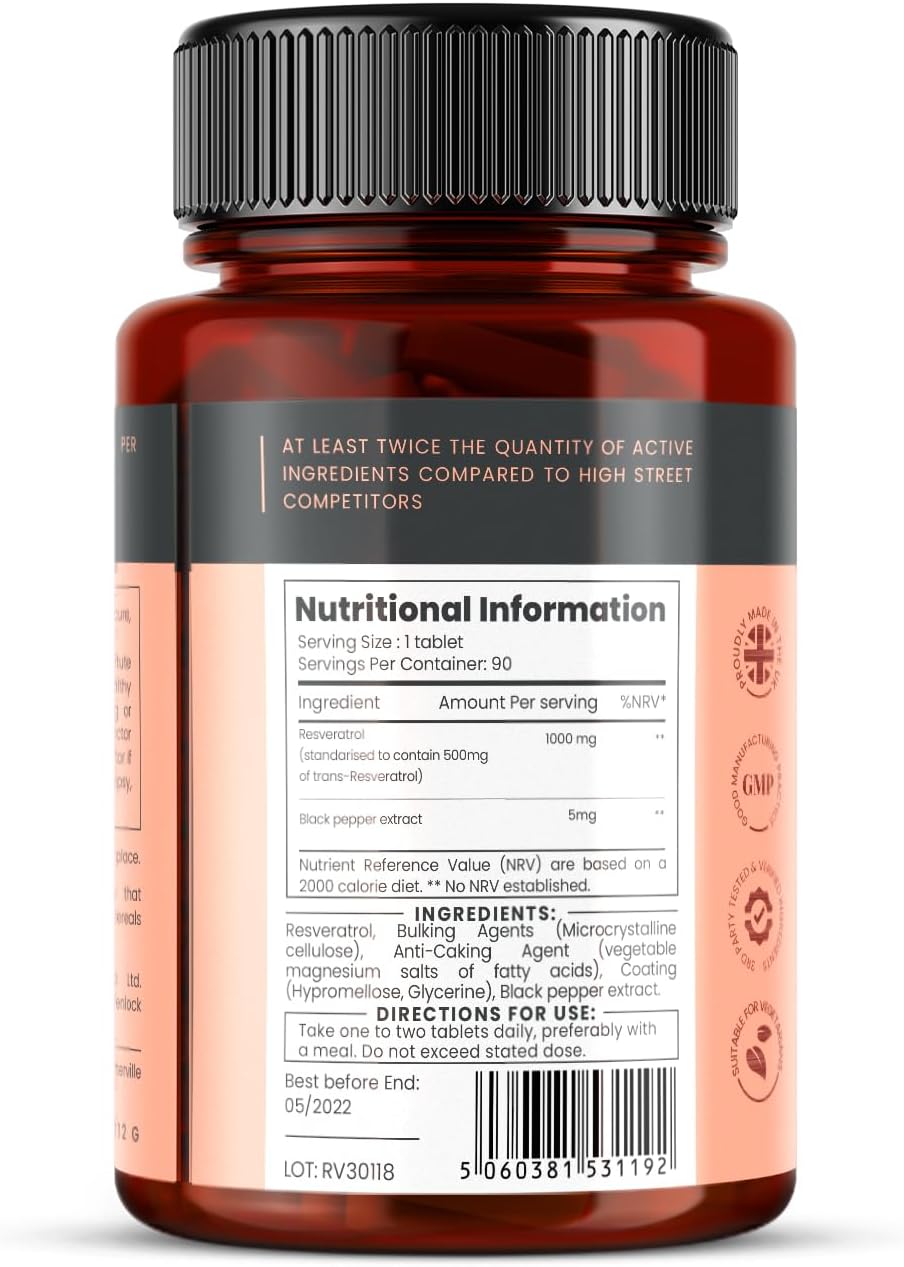 1000mg Resveratrol Tablets - 90 Count (3 Month Supply) with Black Pepper Extract for Enhanced Absorption - 10x Strength from pureclinica