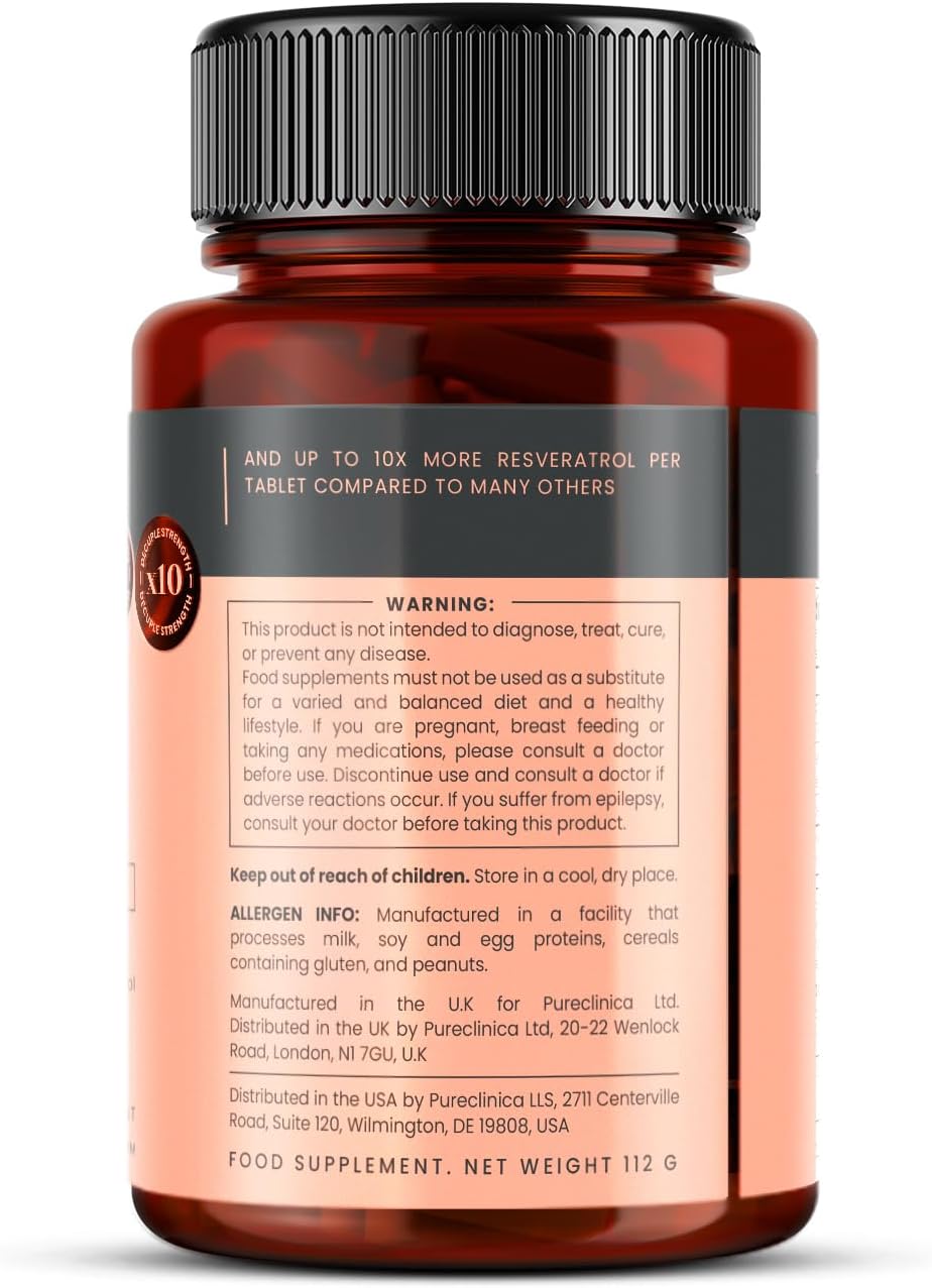 1000mg Resveratrol Tablets - 90 Count (3 Month Supply) with Black Pepper Extract for Enhanced Absorption - 10x Strength from pureclinica