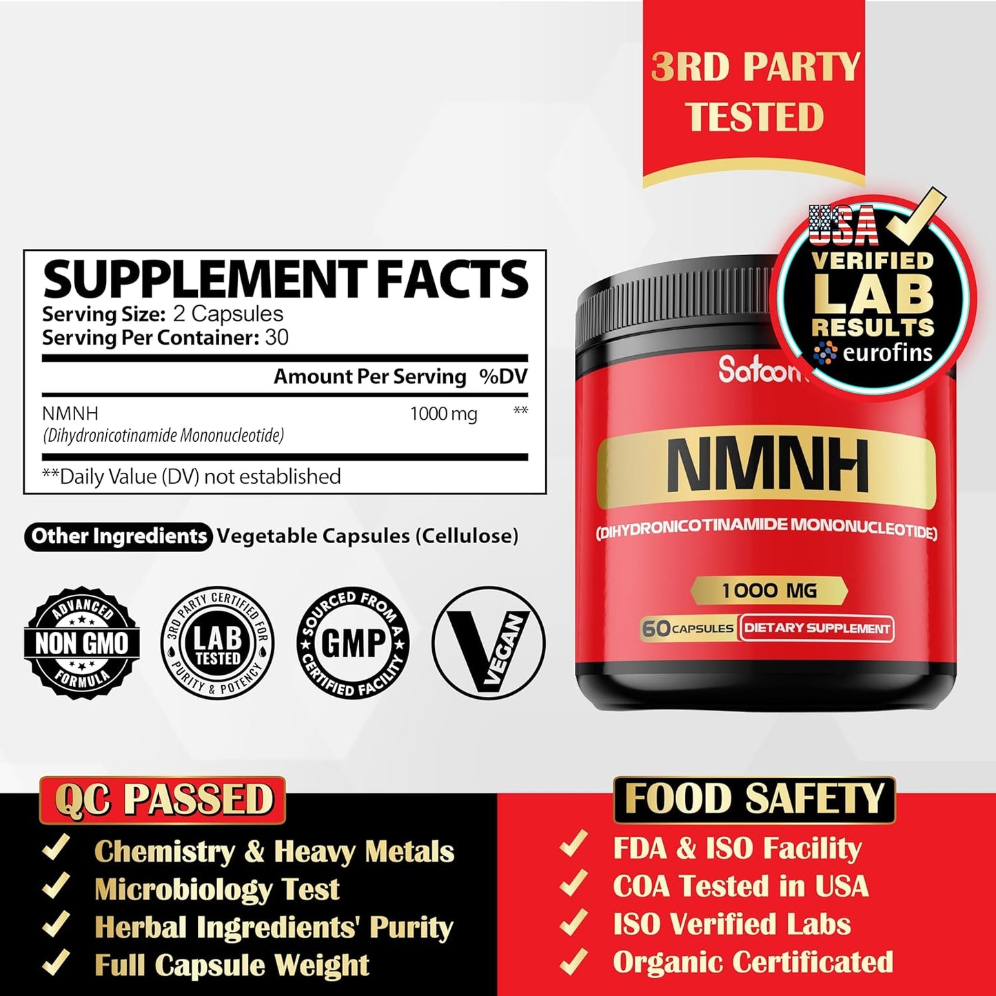1000mg Satoomi NMNH Capsules - NAD+ Support Supplement - 60 Count - 30 Day Supply